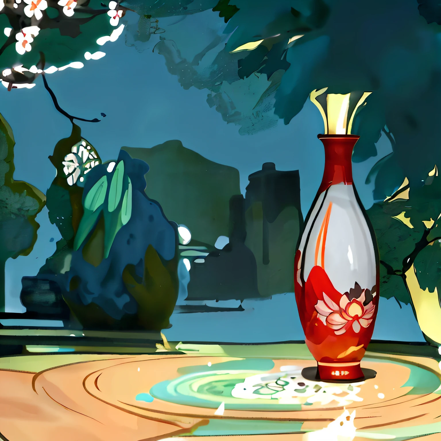 there is a bird standing next to a vase on a table, stylized digital illustration, banner, ad image, 中 元 节, beautiful image, perfume, ghibli spirited away vibe, painting of one health potion, touhou, 千 葉 雄 大, beijing, potion of healing, onmyoji, digital illustration