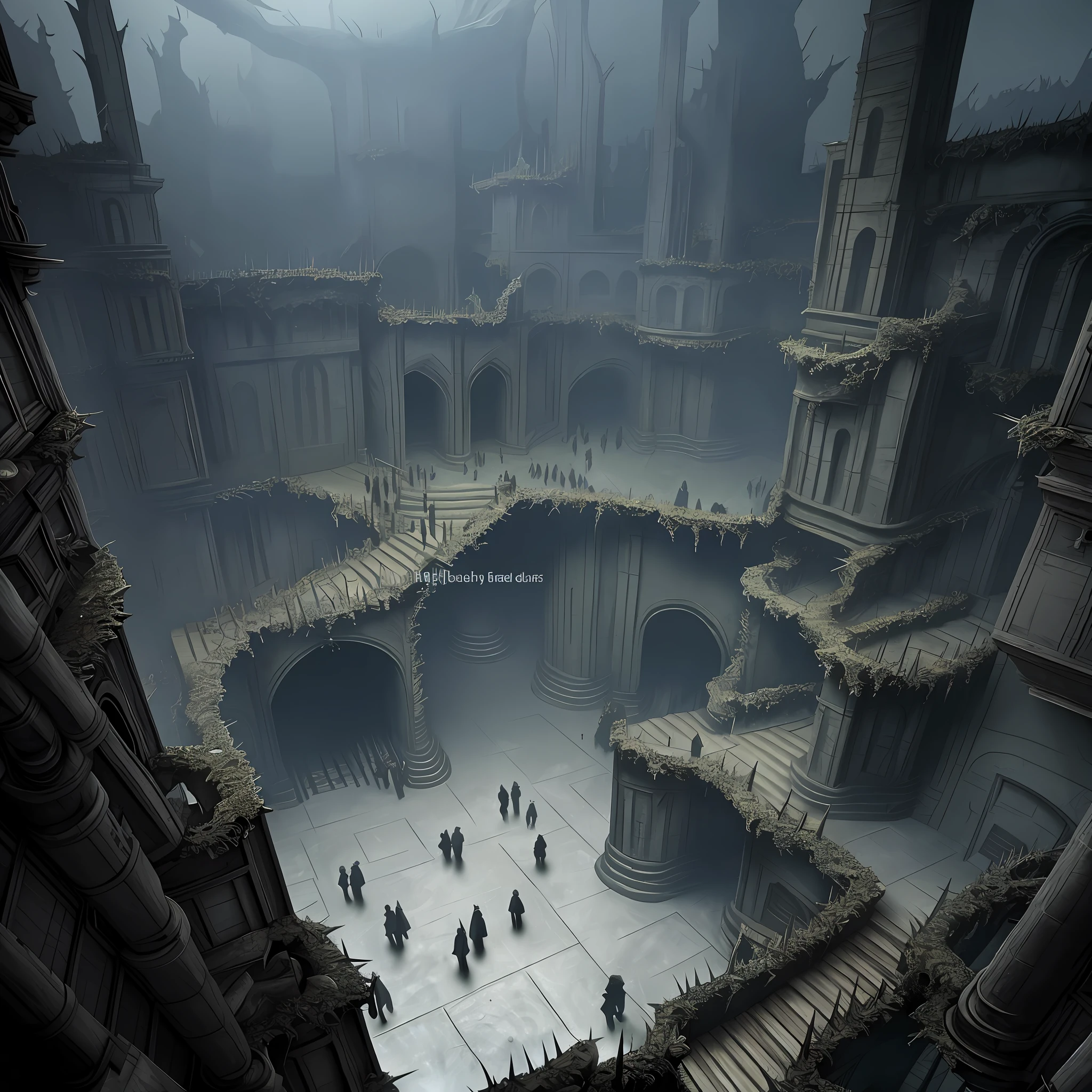 vast angle, view from the top of peak, inside of Dol Guldur, dark floors, one floor with balcony to abyss view, and floor with madness stair downside, thorns, spiked walls. Creepy illustration, over-detailed, 8k resolution. Horror art.