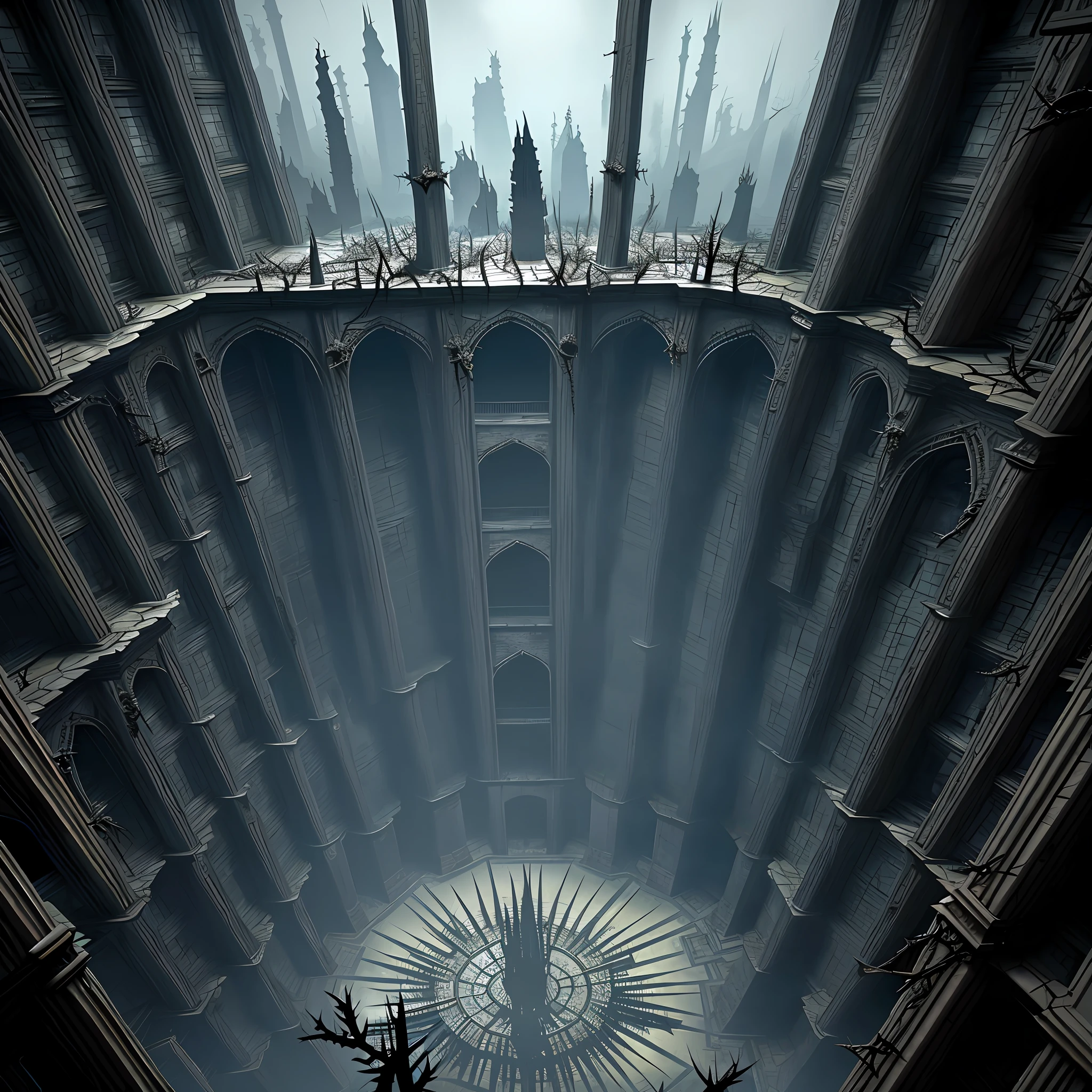 vast angle, view from the top of peak, inside of Dol Guldur, dark floors, one floor with balcony to abyss view, and floor with madness stair downside, thorns, spiked walls. Creepy illustration, over-detailed, 8k resolution. Horror art.