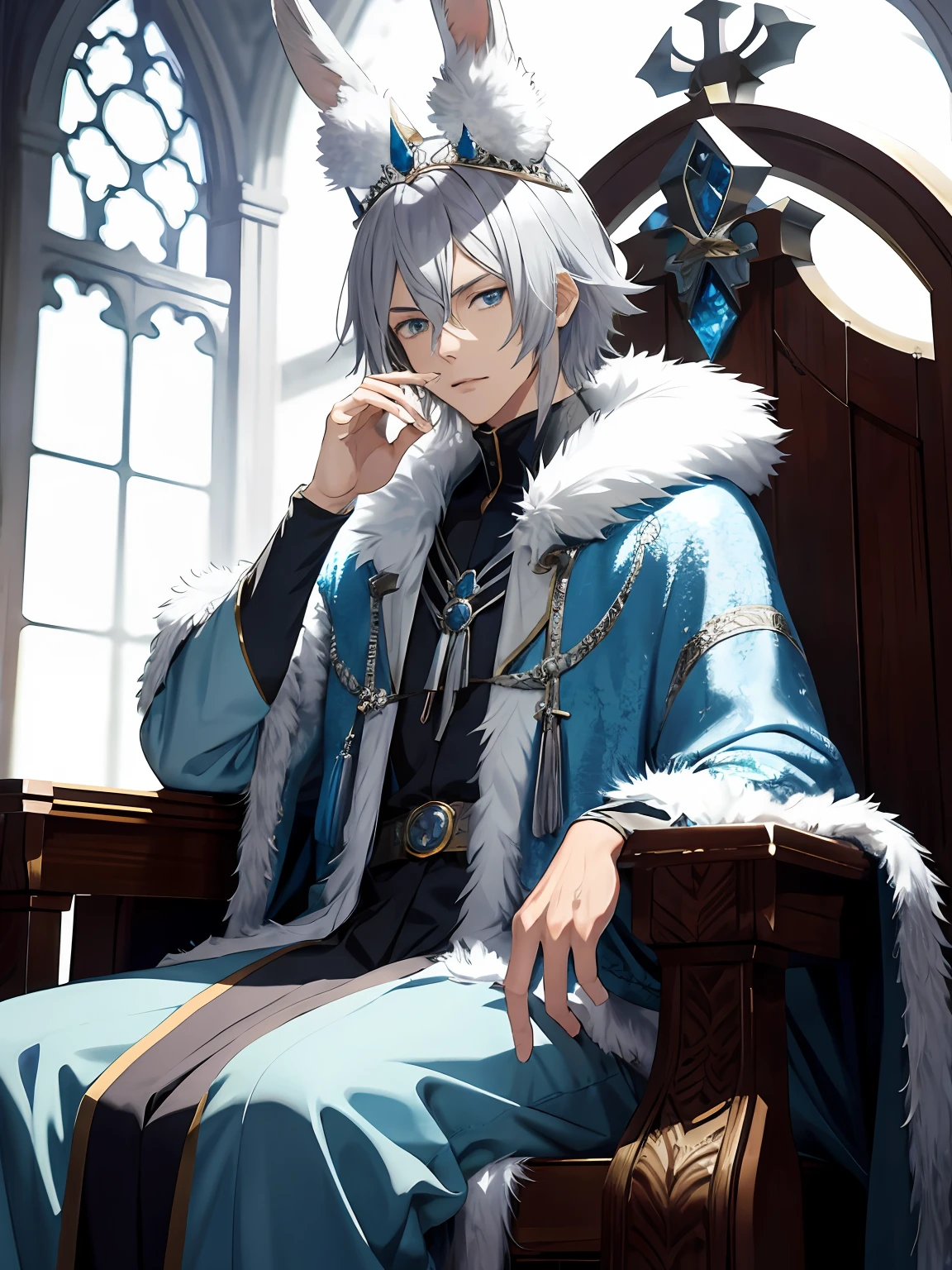 Anime style, handsome, silver-haired, blue-eyed rabbit ears, fur, crown, cloak, throne, fantasy. Magic square from hand