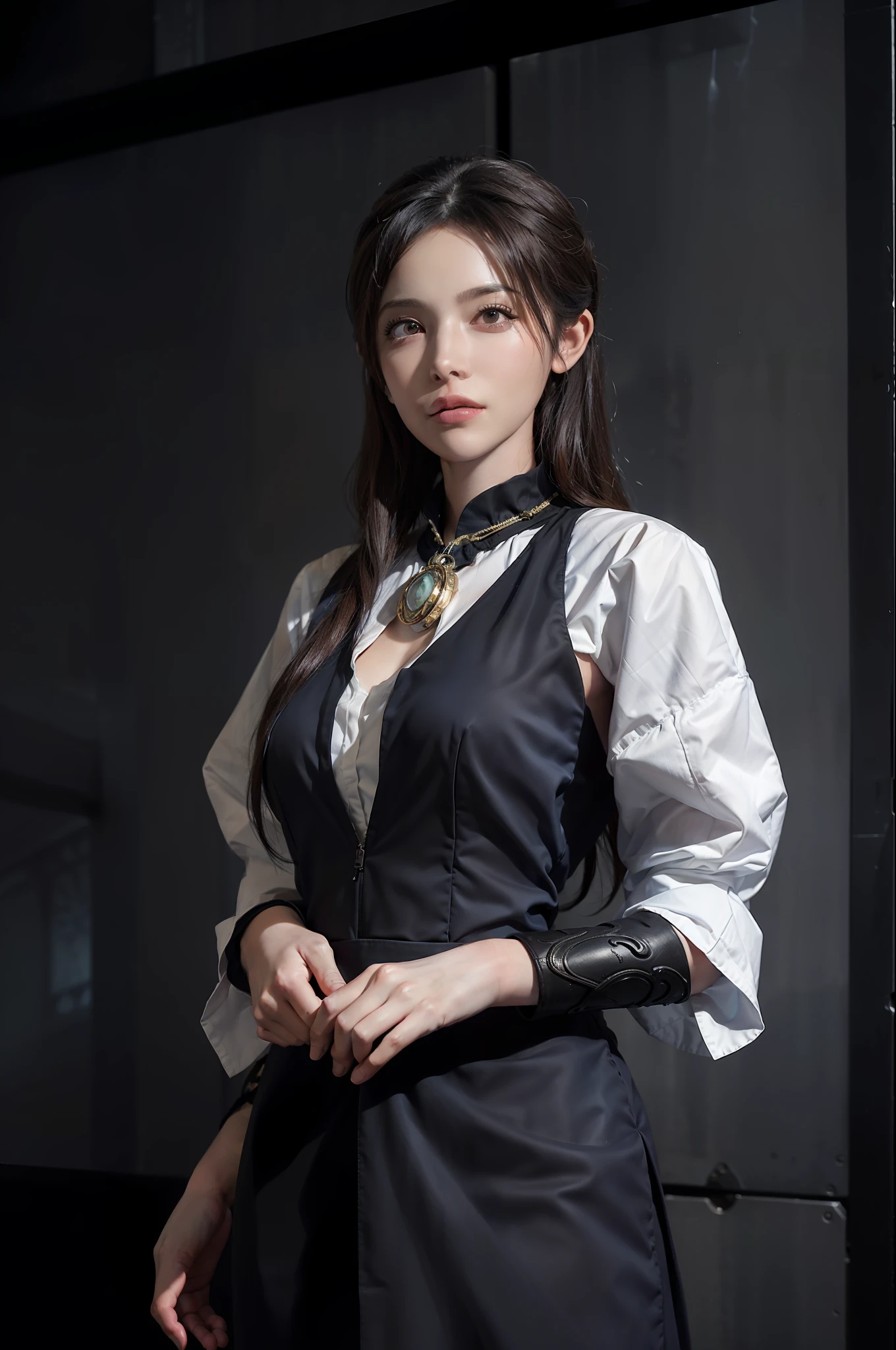 Hyperrealist portrait of female by david hockney and alphonse mucha,fantasy art, photo realistic, dynamic lighting, artstation, poster, volumetric lighting, very detailed faces, 4 k, award winning,, 1girl, in the dark, deep shadow, low key,cowboy shot,(official clothing:1.4) ,long hair,white hair,