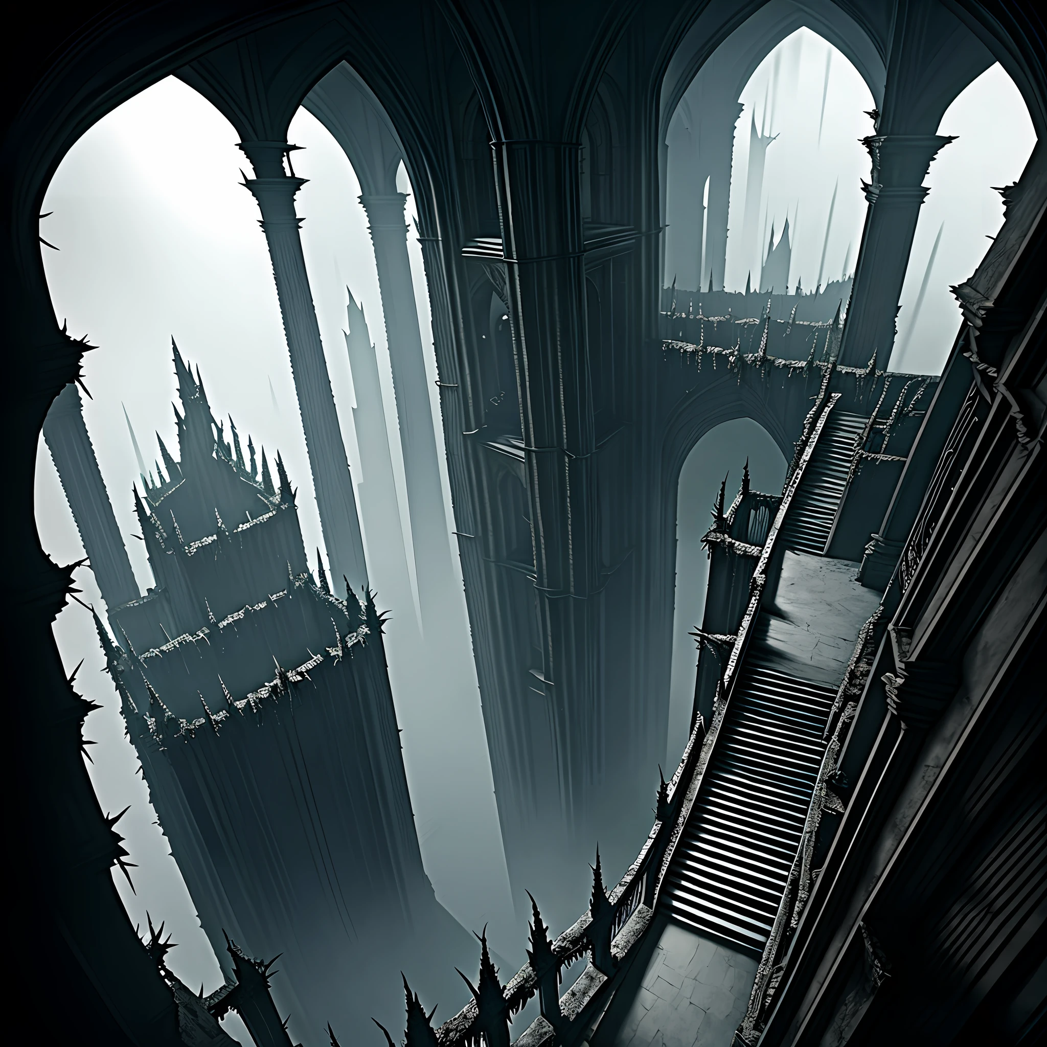 vast angle, view from the top of peak, inside of Dol Guldur, dark floors, one floor with balcony to abyss view, and floor with madness stair downside, thorns, spiked walls. Creepy illustration, over-detailed, 8k resolution. Horror art.
