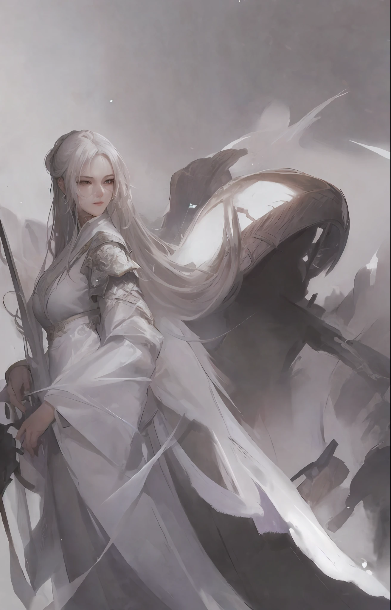 a close up of a woman with a sword in a white dress, a character portrait by Yang J, trending on cgsociety, fantasy art, beautiful character painting, artwork in the style of guweiz, guweiz, white hanfu, flowing white robes, full body wuxia, epic exquisite character art, stunning character art, beautiful female assassin