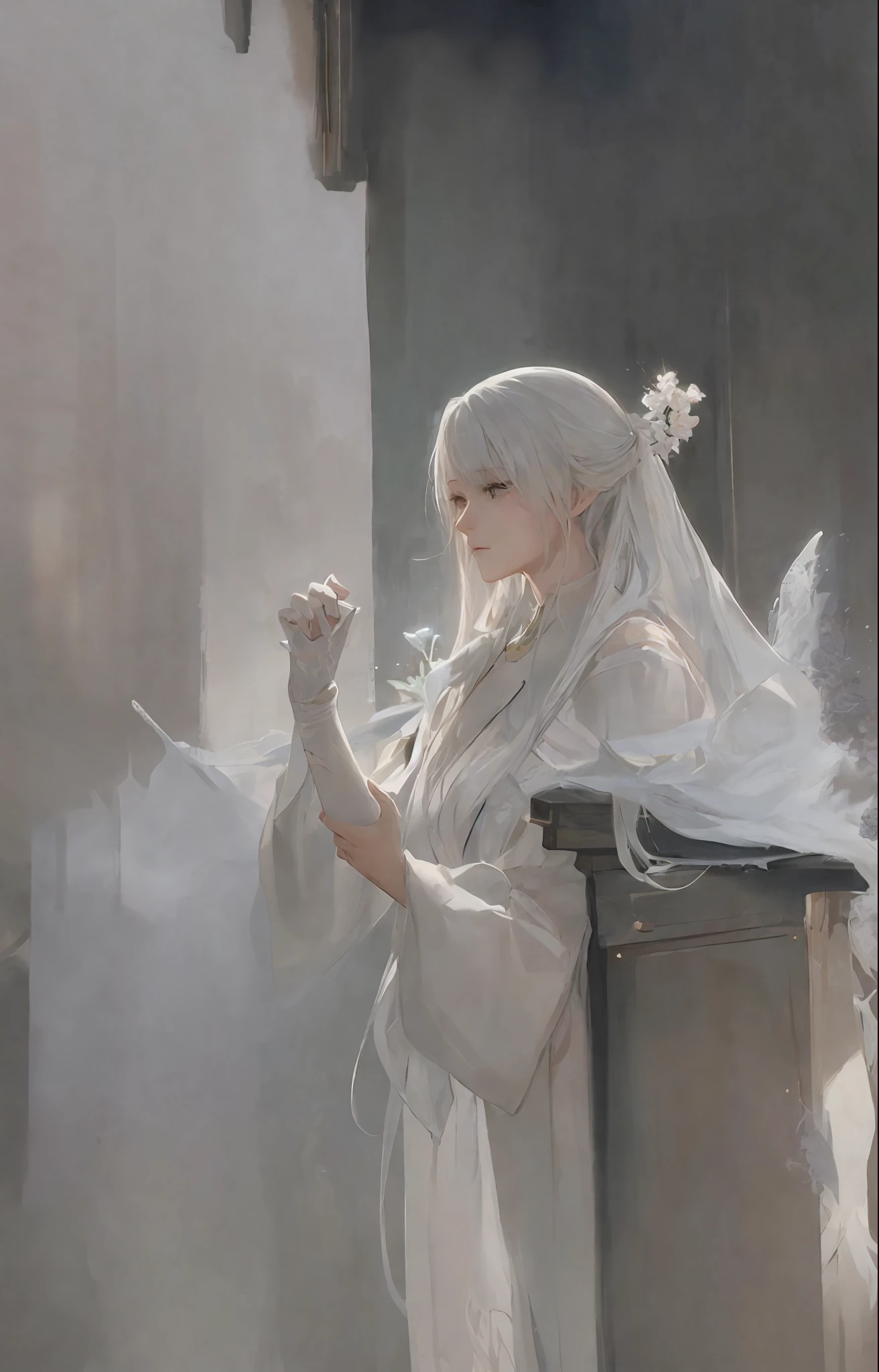 a close up of a woman with a sword in a white dress, a character portrait by Yang J, trending on cgsociety, fantasy art, beautiful character painting, artwork in the style of guweiz, guweiz, white hanfu, flowing white robes, full body wuxia, epic exquisite character art, stunning character art, beautiful female assassin