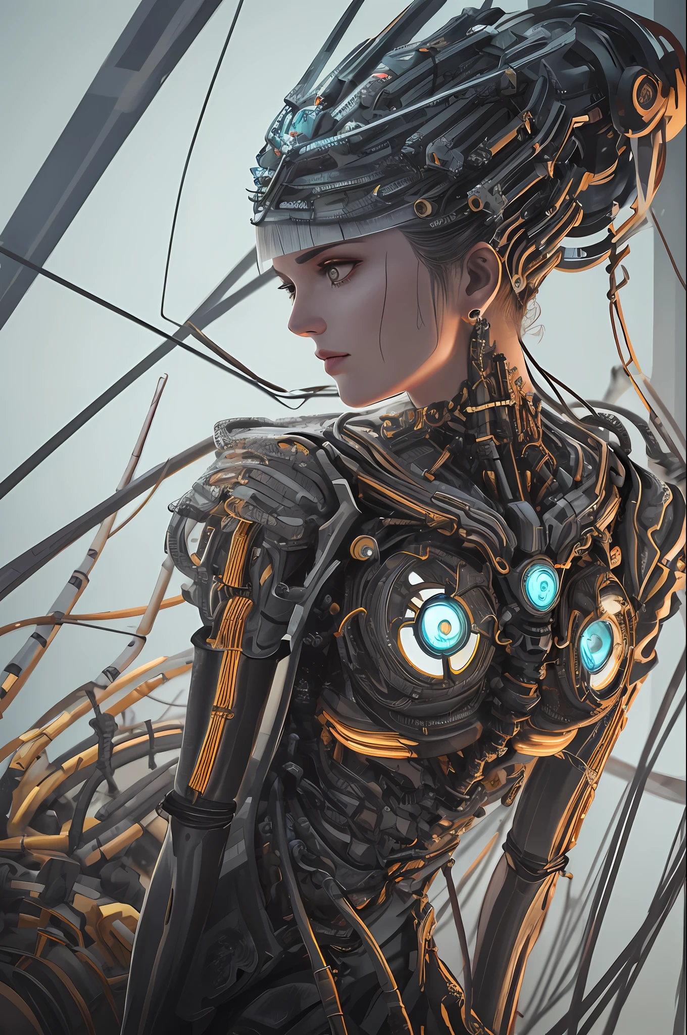 1mechanical girl,((ultra realistic details)), portrait, global illumination, shadows, octane render, 8k, ultra sharp,metal,intricate, ornaments detailed, cold colors, egypician detail, highly intricate details, realistic light, trending on cgsociety, glowing eyes, facing camera, neon details, machanical limbs,blood vessels connected to tubes,mechanical vertebra attaching to back,mechanical cervial attaching to neck,sitting,wires and cables connecting to head