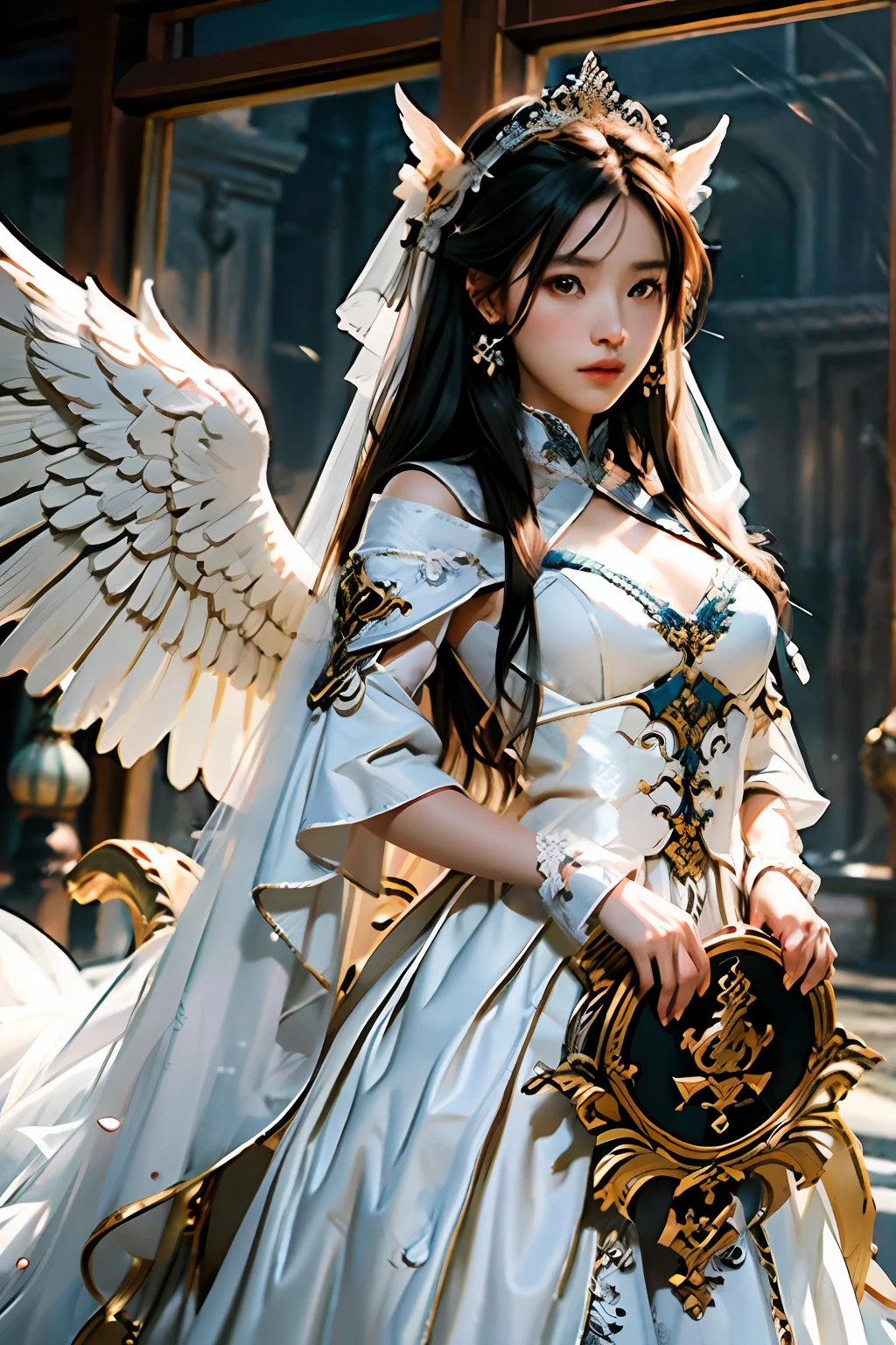 (RAW Photo, Best Quality), (Realistic, Photo Realistic: 1.3), Best Quality, Highly Detailed, Masterpiece, Hyperdetail, Illustration, 1girl, Centaur, White Wings, Wedding Dress, Original Character, Volume Light, Best Shadow, Shallow Depth of Field, Amazingly Beautiful Girl, Petite, Delicate Beautiful Charming Face,, Best Quality, Extremely Detailed CG Uniform 8k Wallpaper, Ink, Amazing, Cinematic Lighting, lens_flare,dunhuang_style