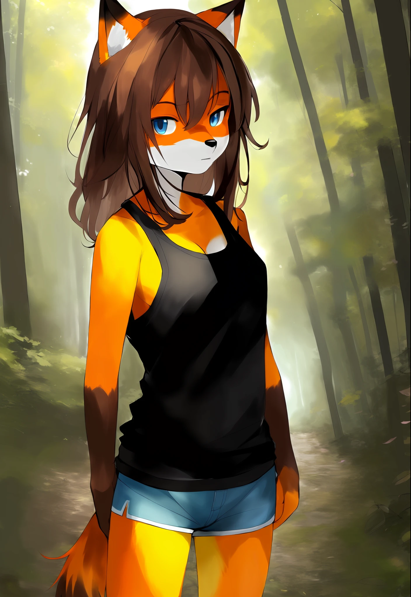 niji style, exceptional, [:watercolor \(artwork\),:0.25] [by fairwind::0.5], female, (anthro:1.2), fox, blue eyes, brown hair, (orange body:1.1), solo, tank top, shorts, outdoors, breasts, pose, snout, black nose, portrait, looking at viewer, detailed background, forest