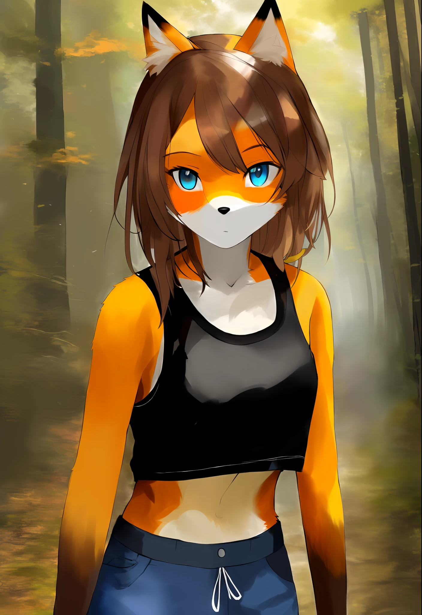 niji style, exceptional, [:watercolor \(artwork\),:0.25] [by fairwind::0.5], female, (anthro:1.2), fox, blue eyes, brown hair, (orange body:1.1), solo, tank top, shorts, outdoors, breasts, pose, snout, black nose, portrait, looking at viewer, detailed background, forest