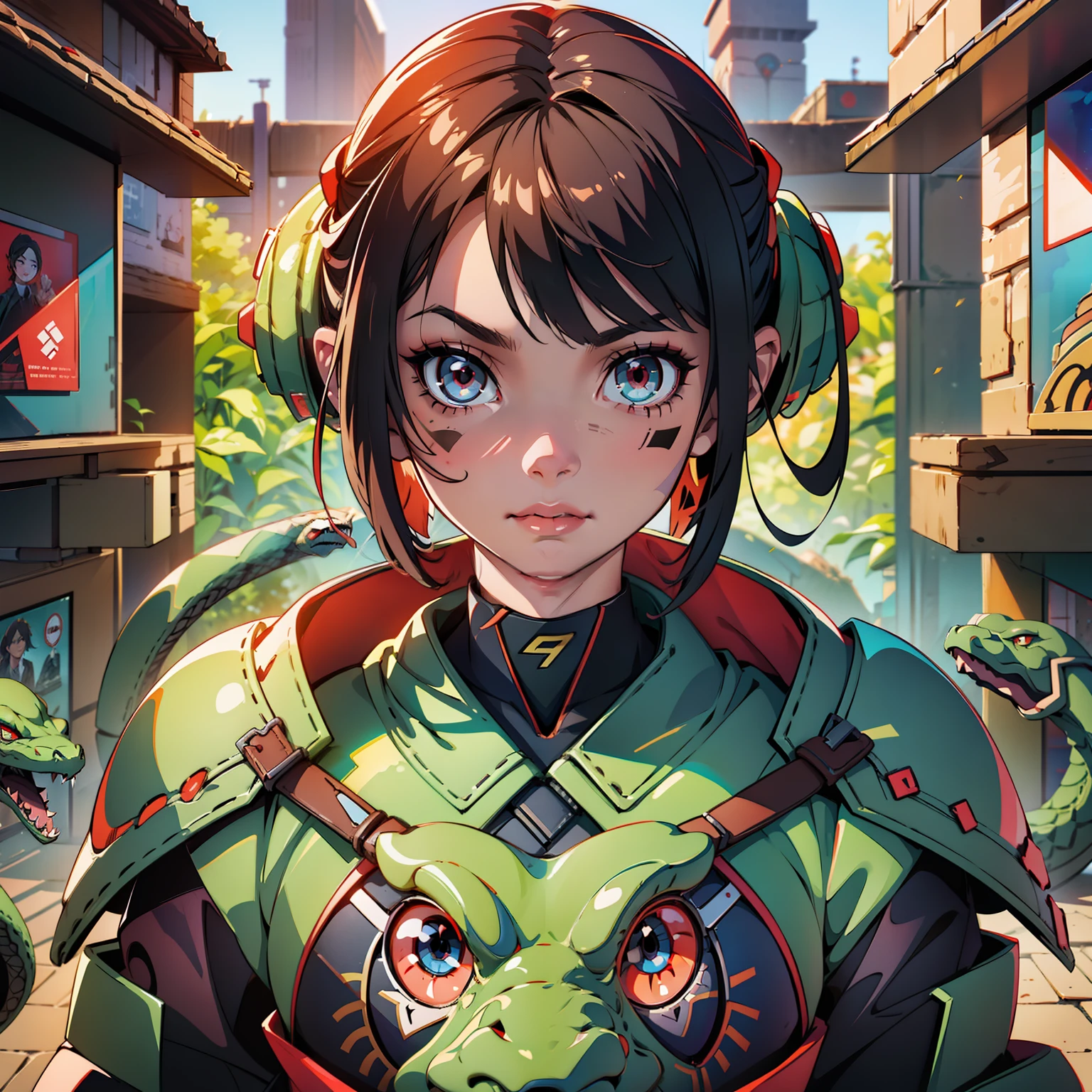 8K, Dark_Fantasy, delicate face, (snake pupil: 1.5), standing full body portrait, one eye black, one eye red, 1 person, mechanical miracle, robot presence