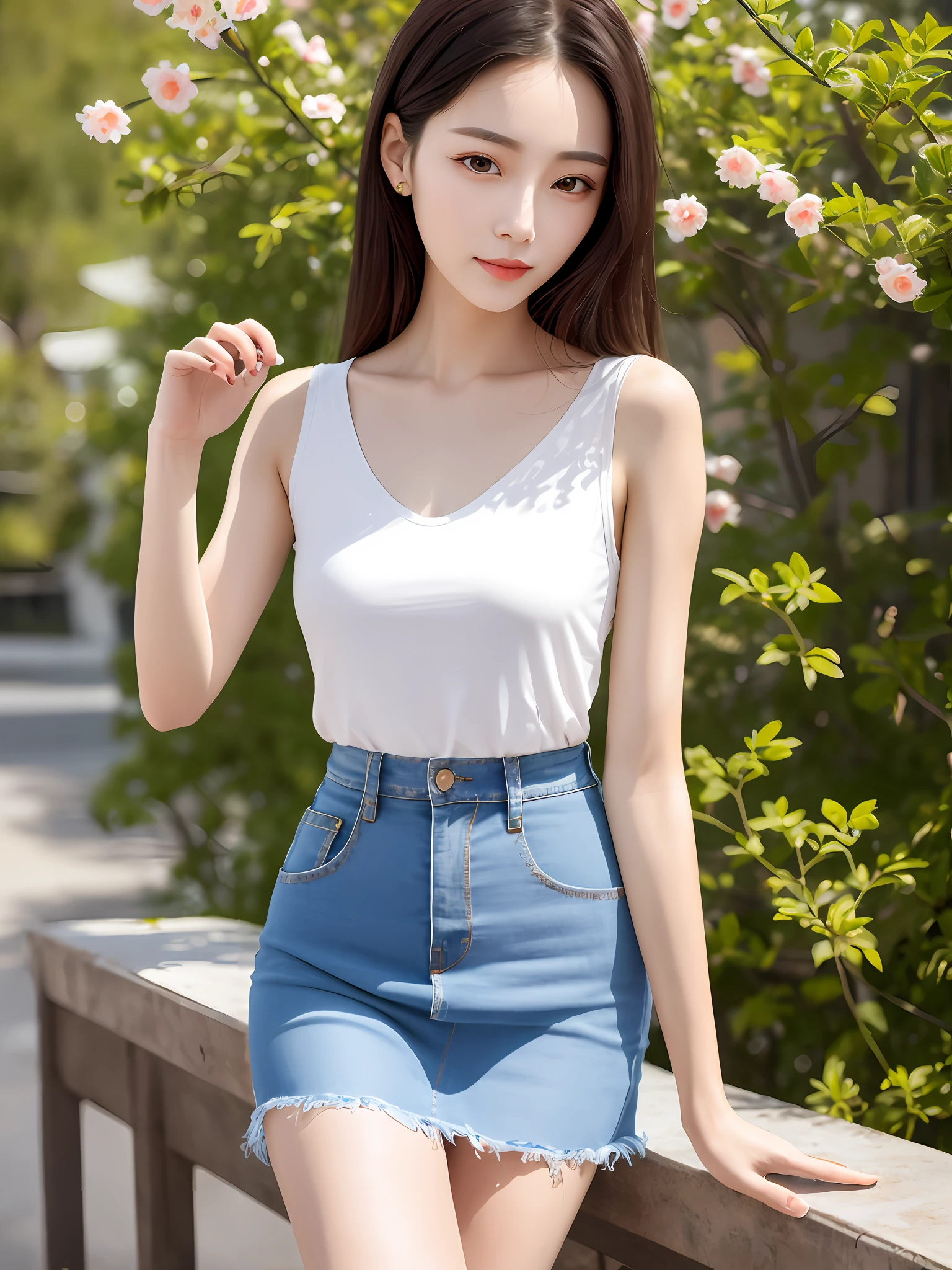 Fashion trendy beautiful and charming woman, gentle and charming Chinese beautiful woman, delicate and sexy collarbone, charming oval face, double eyelids, smart peach blossom eyes, pink lips, small nose, bare shoulders, focus on the face, close-up of the face, Ultra-high-definition, super-detailed, full-body photo, ultra-thin and light-transmitting, with this light blue denim skirt and beige T-shirt, the gentle light-colored matching makes the skin white and beautiful, and the temperament is outstanding, plus the whole matching is elastic The combination also shows the figure, and can be seen through