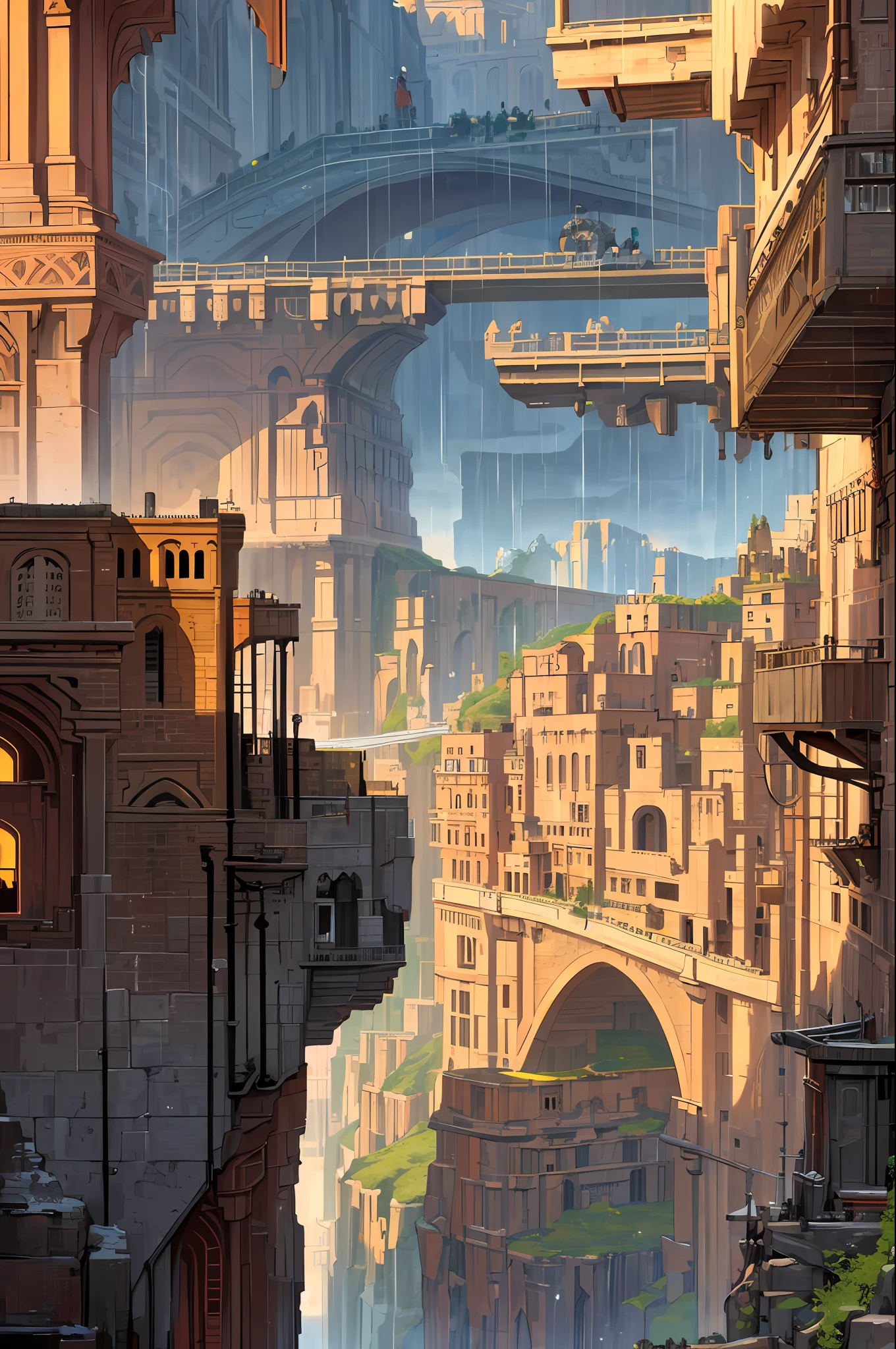 ((masterpiece)),((best quality)),((high detial)),((realistic,)) Industrial age city, deep canyons in the middle, architectural streets, bazaars, Bridges, rainy days, steampunk, European architecture