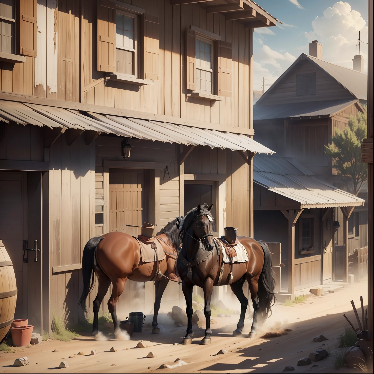 black horse with white spots tied in front of a saloon in the old west,bard,stirrup,saddle,braided mane,muddy ground,sunny day,dirt street,dust,water barrel,wild west,artwork,3d,4k,detailed,realistic