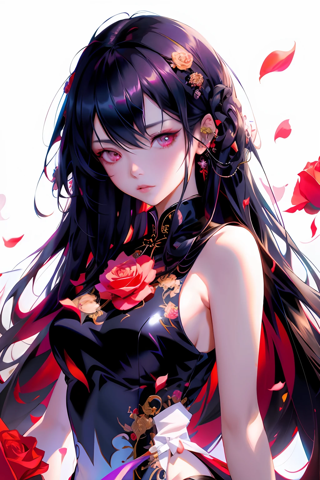 anime girl with long black hair and a white dress with red roses, tattoo, detailed beautiful eyes, guweiz, guweiz on pixiv artstation, detailed digital anime art, beautiful anime girl, guweiz on artstation pixiv, anime style 4 k, kawacy, beautiful anime portrait, detailed portrait of anime girl, detailed anime art, beautiful anime woman
