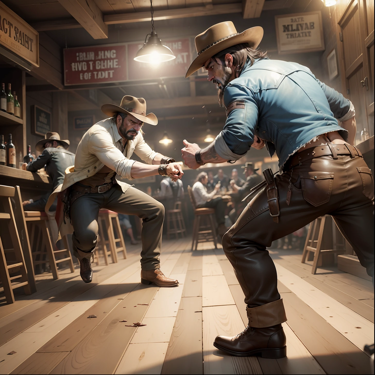 Two men fighting in a bar in the old west,bruised face,leather jacket,drinks spilled on the floor,people screaming,tables overturned,chairs overturned,dirty clothes,wild west,artwork,3D,4K,Detailed,Realistic