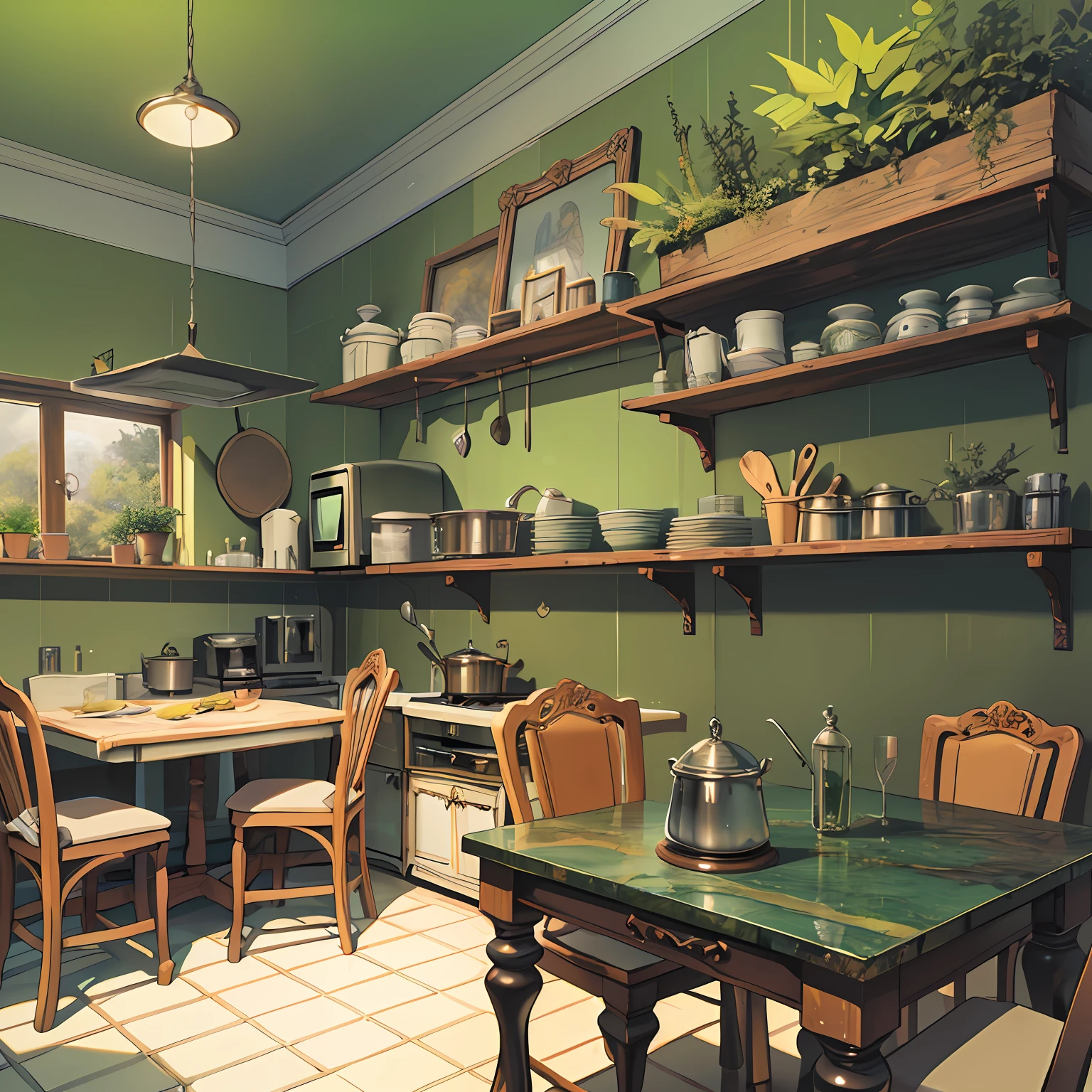 Best quality, masterpiece, ultra high resolution, surrealism, (kitchen corner), moss