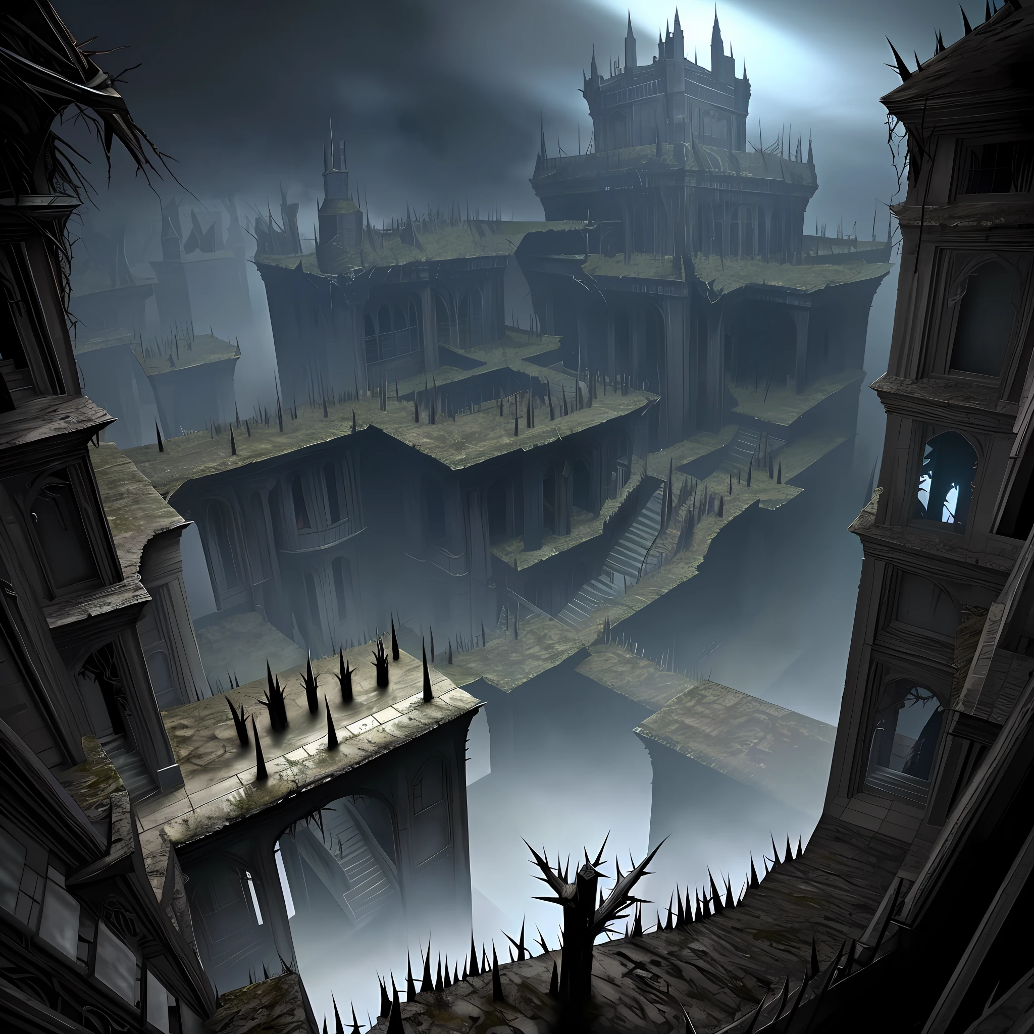 vast angle, view from the top of peak, inside of Dol Guldur, dark floors, one floor with balcony to abyss view, and floor with madness stair downside, thorns, spiked walls. Creepy illustration, over-detailed, 8k resolution. Horror art.
