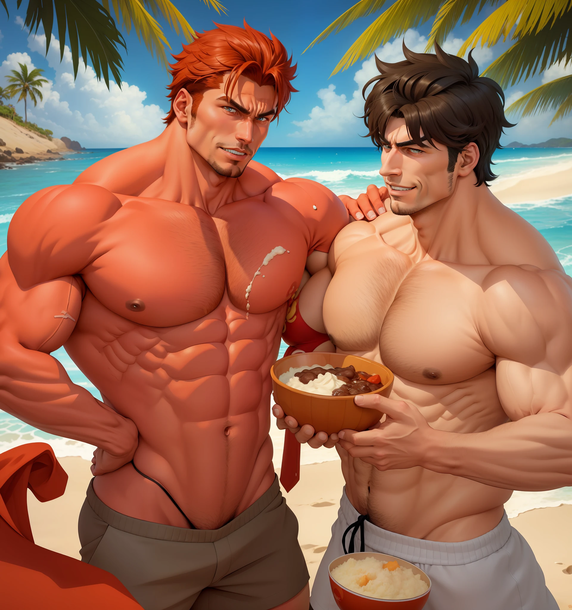 anime guy and girl on the beach with a bowl of food, petros and leonid, two anime handsome men, inspired by Tim and Greg Hildebrandt, commission for high res, musclebound and hulking, muscular! fantasy, muscular!!, artgerm and genzoman, male art, two muscular men entwined, muscular!