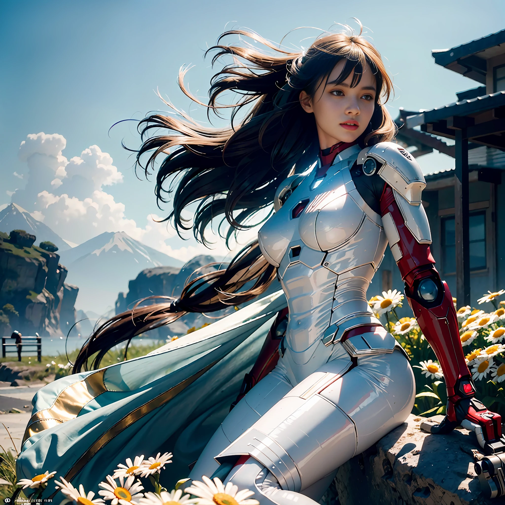 RAW, Tyndall Light Effects, Clothing Material Reflections, Unexpected Masterpieces, Ultra Fine Photos, Best Quality, Ultra High Resolution, Photorealistic Realism, Sunlight, Full Body Portrait, Amazing Beauty, Dynamic Pose, Realistic Delicate Face, Vibrant Eyes, (viewed from the side), She wears futuristic Iron Man mech, red and gold color scheme, detailed face, detailed complex busy background, messy, gorgeous, milky white, highly detailed skin, realistic skin details, visible pores, sharp focus, volumetric fog, 8k uhd, DSLR, high quality, film grain, fair skin, photo realism, lomography , seen from below, translucent, very detailed sea of daisies, fuji, ray tracing, motion blur, f/1.8, 135mm, canon, uhd, retina, ccurate, anatomically correct, textured skin, super detail, high detail, high quality, award-winning, best quality, high resolution, HD, 4K, 8k, 16k