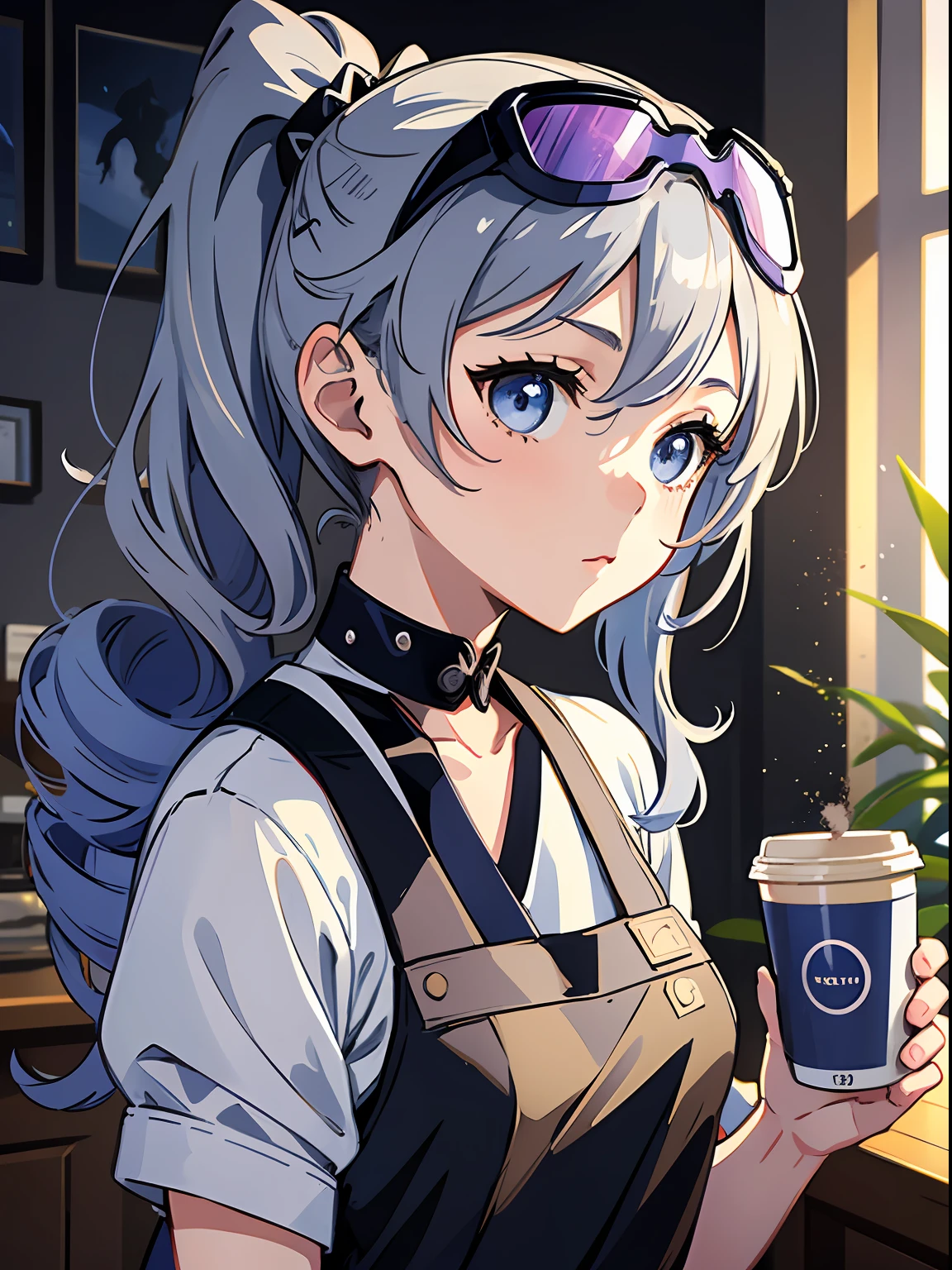Exquisite masterpiece, the best quality, realistic painting, an anime girl with a curly ponytail, petite figure, coffee clerk, black apron, small, heartwarming, youthful and beautiful, with blue-violet gradient ski goggles, gray hair, presents a natural casual style. The dynamic posture contains the golden section, large aperture portrait, white screen, strong contrast between light and shadow, super texture, super clear and concise picture, presenting extremely beautiful, elegant and dignified, shopping, exquisite face