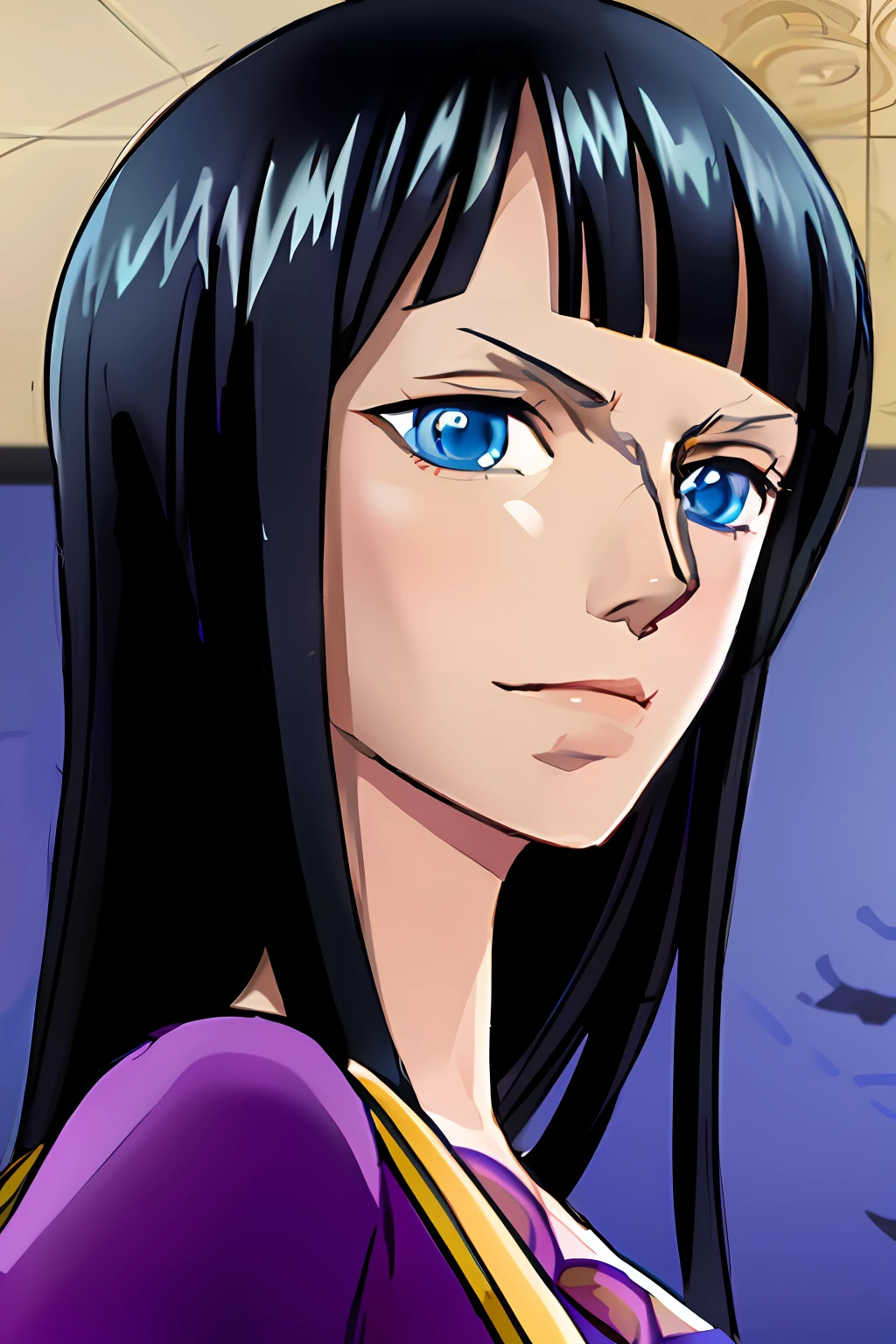 Anime girl with long black hair and blue eyes looking at something, Nico Robin, Hinata Hyuga, Maya Fey from Ace Attorney, Maya Takamura, in Jojo\'s Bizarre Adventure, Nefarious Smirk, Shiina Ringo Anime Portrait, Naruto's Hinata Hyuga, Jojo Anime Style, Illustrious Makinami, Portrait Knights of the Zodiac Girl, Bara, Masterpiece