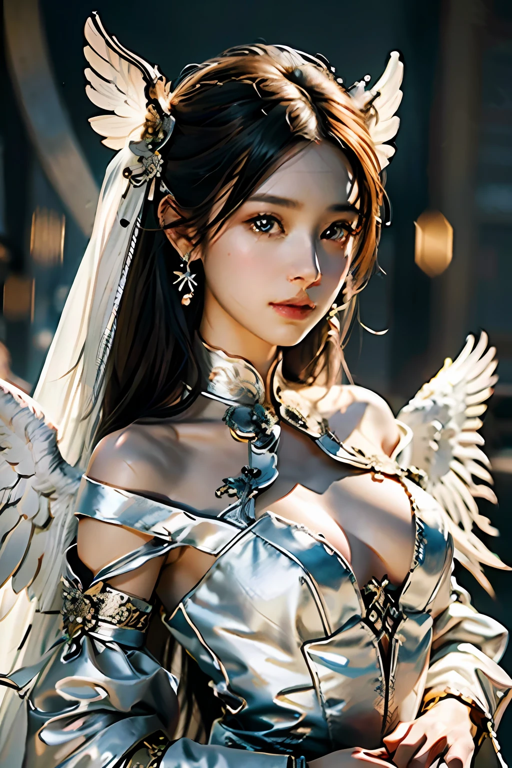 (RAW Photo, Best Quality), (Realistic, Photo Realistic: 1.3), Best Quality, Highly Detailed, Masterpiece, Hyperdetail, Illustration, 1girl, Centaur, White Wings, Wedding Dress, Original Character, Volume Light, Best Shadow, Shallow Depth of Field, Amazingly Beautiful Girl, Petite, Delicate Beautiful Charming Face,, Best Quality, Extremely Detailed CG Uniform 8k Wallpaper, Ink, Amazing, Cinematic Lighting, lens_flare,dunhuang_style