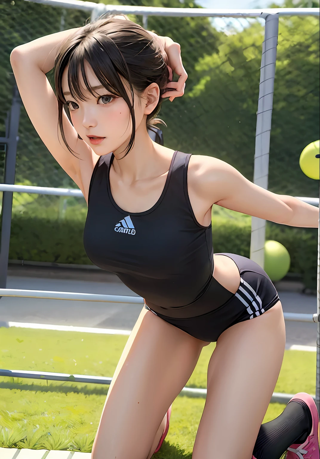 Young Skinny Gravure Idol, Young Sensual Gravure Idol, Young Pretty Gravure Idol, Stretching Exercise, Playground, Soft Body, Gym Clothes, Open Legs Stretching, Being Watched by Athletic Club Members