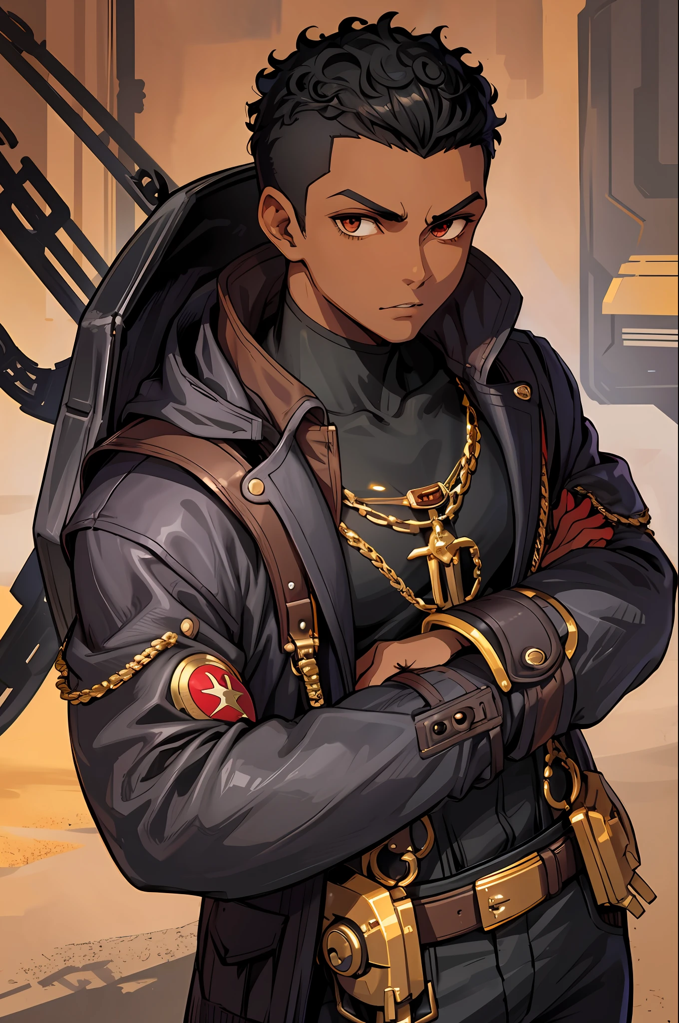 1boy, dark skin, short curly hair, shaved on the side, steampunk background, overall, imposing look