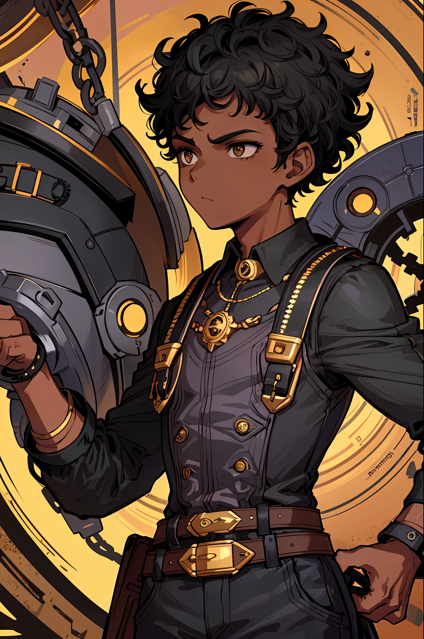 1boy, dark skin, short curly hair, shaved on the side, steampunk background, overall, imposing look