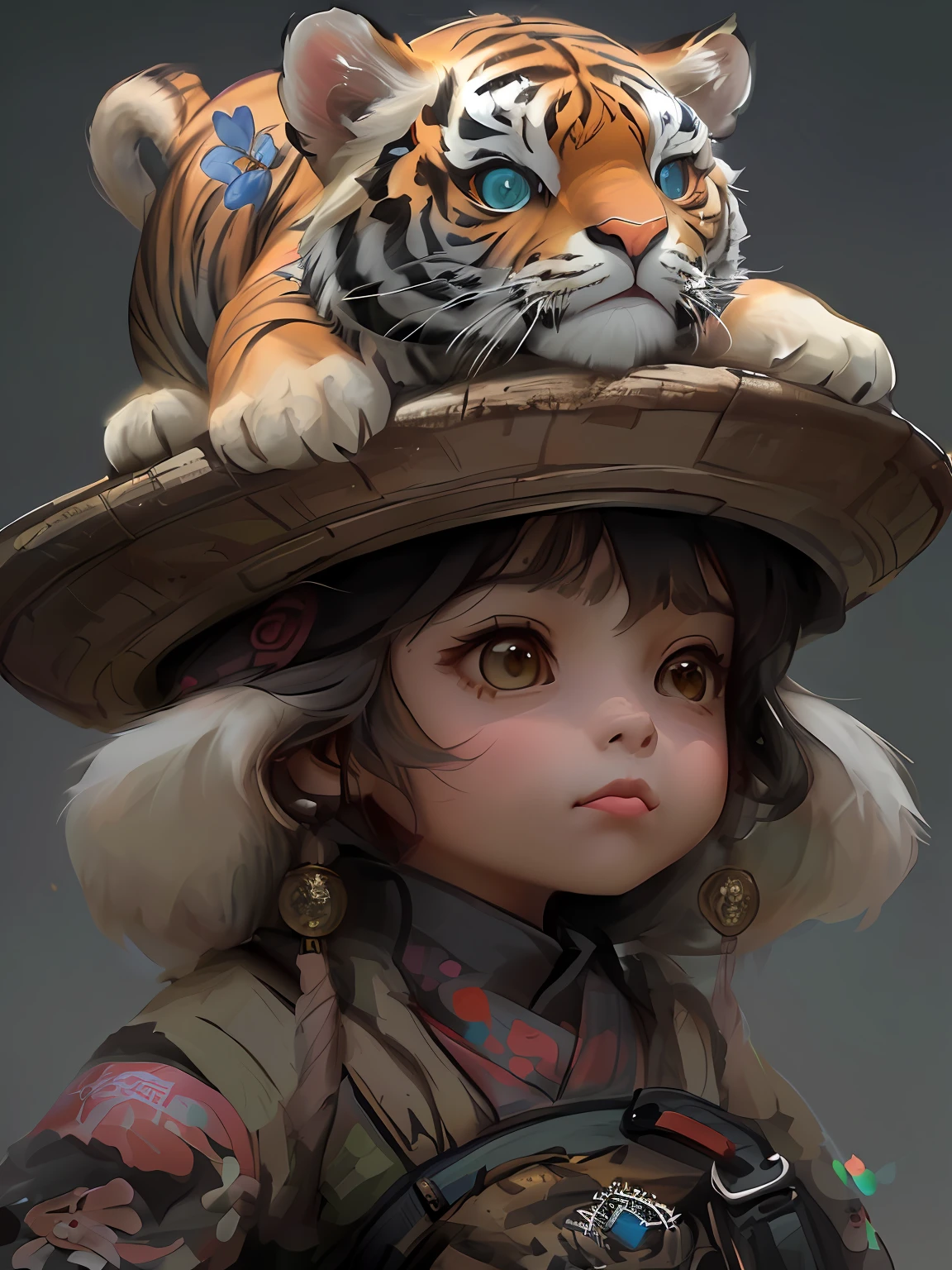 a close up of a wearing a hat with a tiger on top, artwork in the style of guweiz, by Zeng Jing, adorable digital painting, by Li Song, by Leng Mei, beautiful character painting, guweiz, by Chen Lin, childrens art in artstation, by Wuzhun Shifan, by Qu Leilei