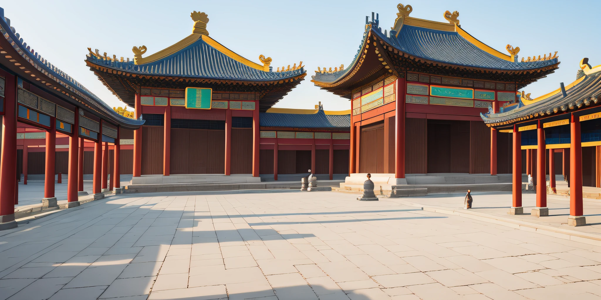 The ancient Chinese Palace Square was a wide open space, usually located in the center of the palace, surrounded by tall walls. The ground on the square is flat and smooth, paved with marble or bluestone, and the shadows and light on the ground can be clearly seen.