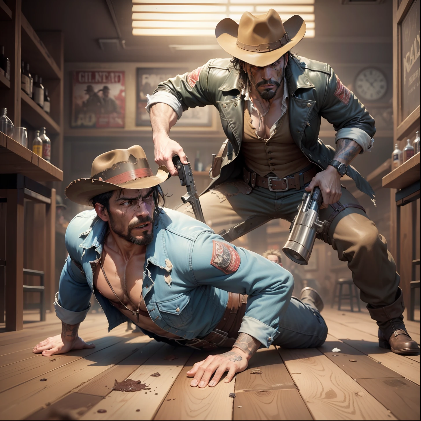 Two men fighting in a bar in the old west,bruised face,torn leather jacket,drinks spilled on the floor,people screaming,tables overturned,shooting marks,revolver on table,rifle,overturned chairs,dirty clothes,wild west,artwork,3D,4K,detailed,realistic