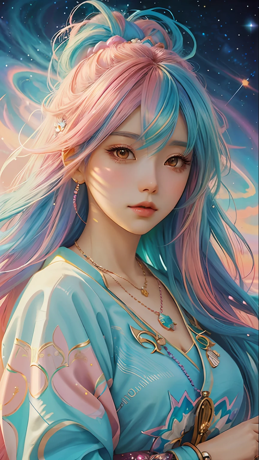 a close up of a woman with colorful hair and a necklace, anime girl with cosmic hair, rossdraws pastel vibrant, artwork in the style of guweiz, fantasy art style, colorful]”, vibrant fantasy style, rossdraws cartoon vibrant, cosmic and colorful, guweiz, colorfull digital fantasy art, stunning art style, beautiful anime style