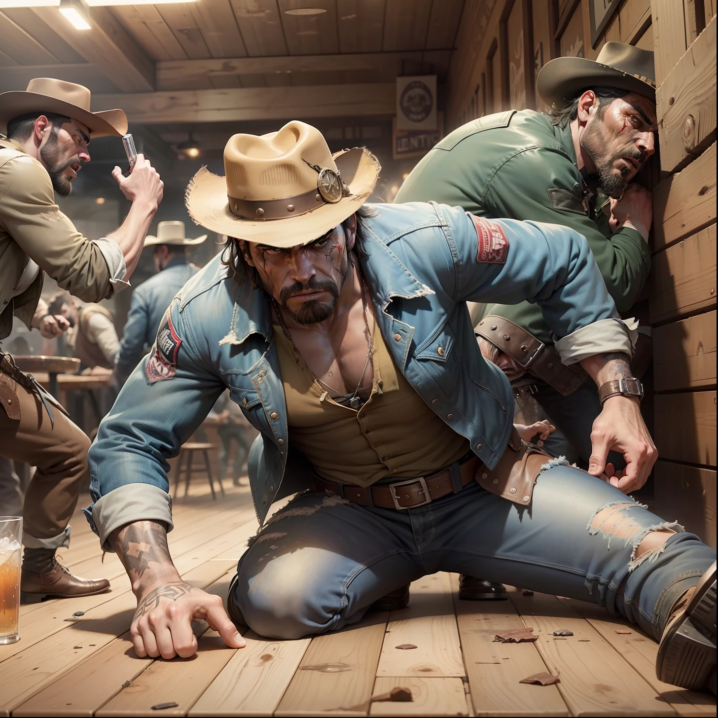 Two men fighting in a bar in the old west,bruised face,torn leather jacket,drinks spilled on the floor,people screaming,tables overturned,shooting marks,revolver on table,rifle,overturned chairs,dirty clothes,wild west,artwork,3D,4K,detailed,realistic