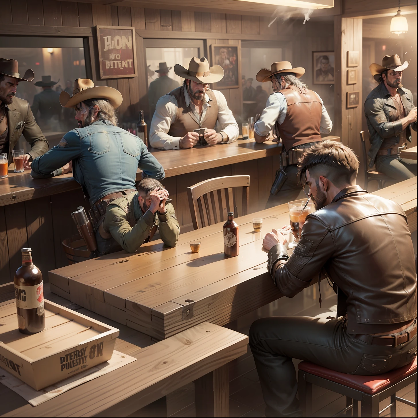 Two men fighting in a bar in the old west,bruised face,torn leather jacket,drinks spilled on the floor,people screaming,tables overturned,shooting marks,revolver on table,rifle,overturned chairs,dirty clothes,wild west,artwork,3D,4K,detailed,realistic