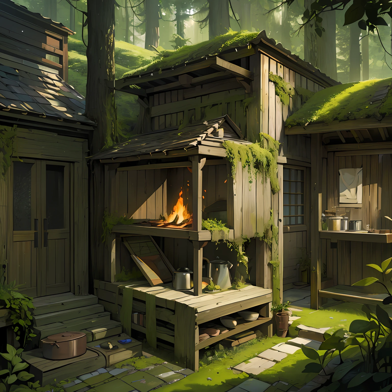 Best quality, masterpiece, super high resolution, surrealism, firewood, moss stacked in the corner of the kitchen