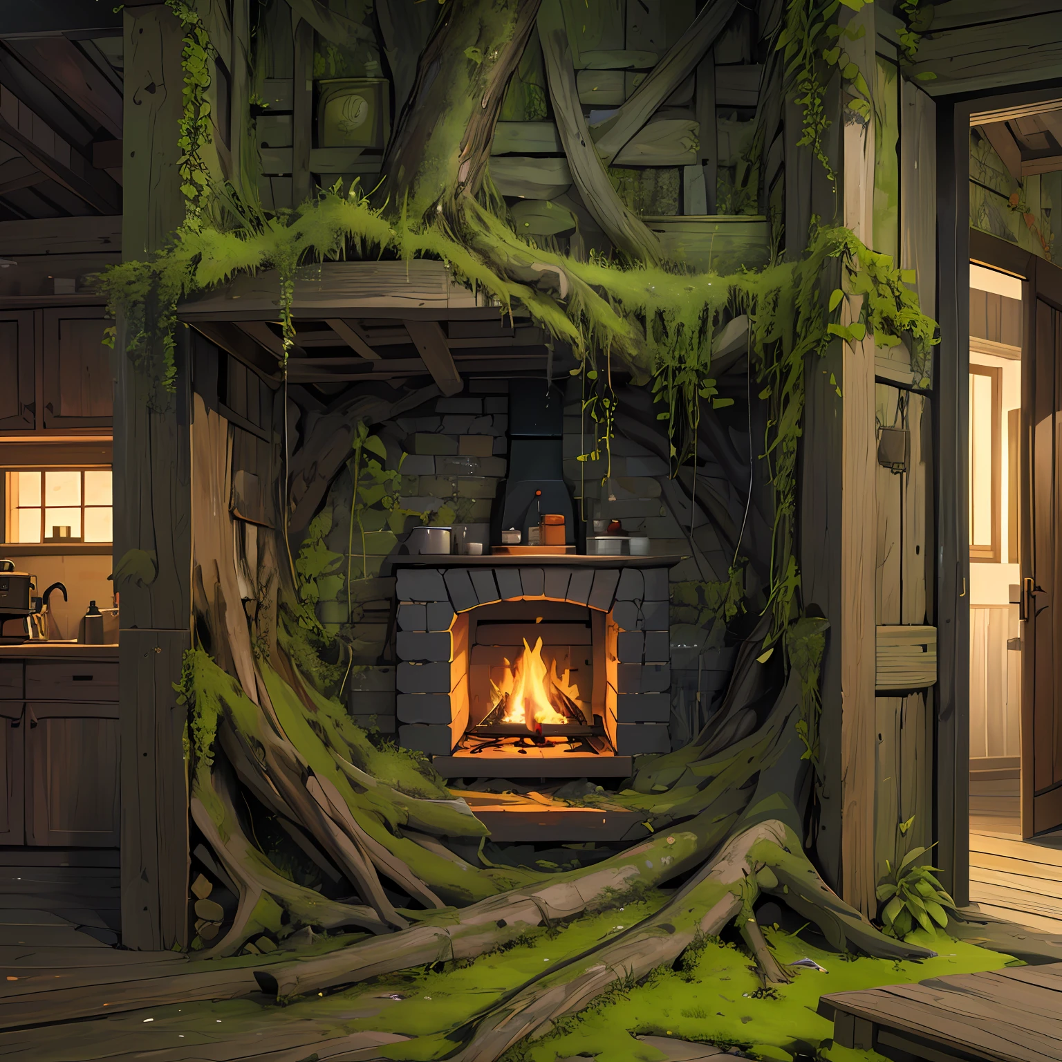 Best quality, masterpiece, super high resolution, surrealism, firewood, moss stacked in the corner of the kitchen