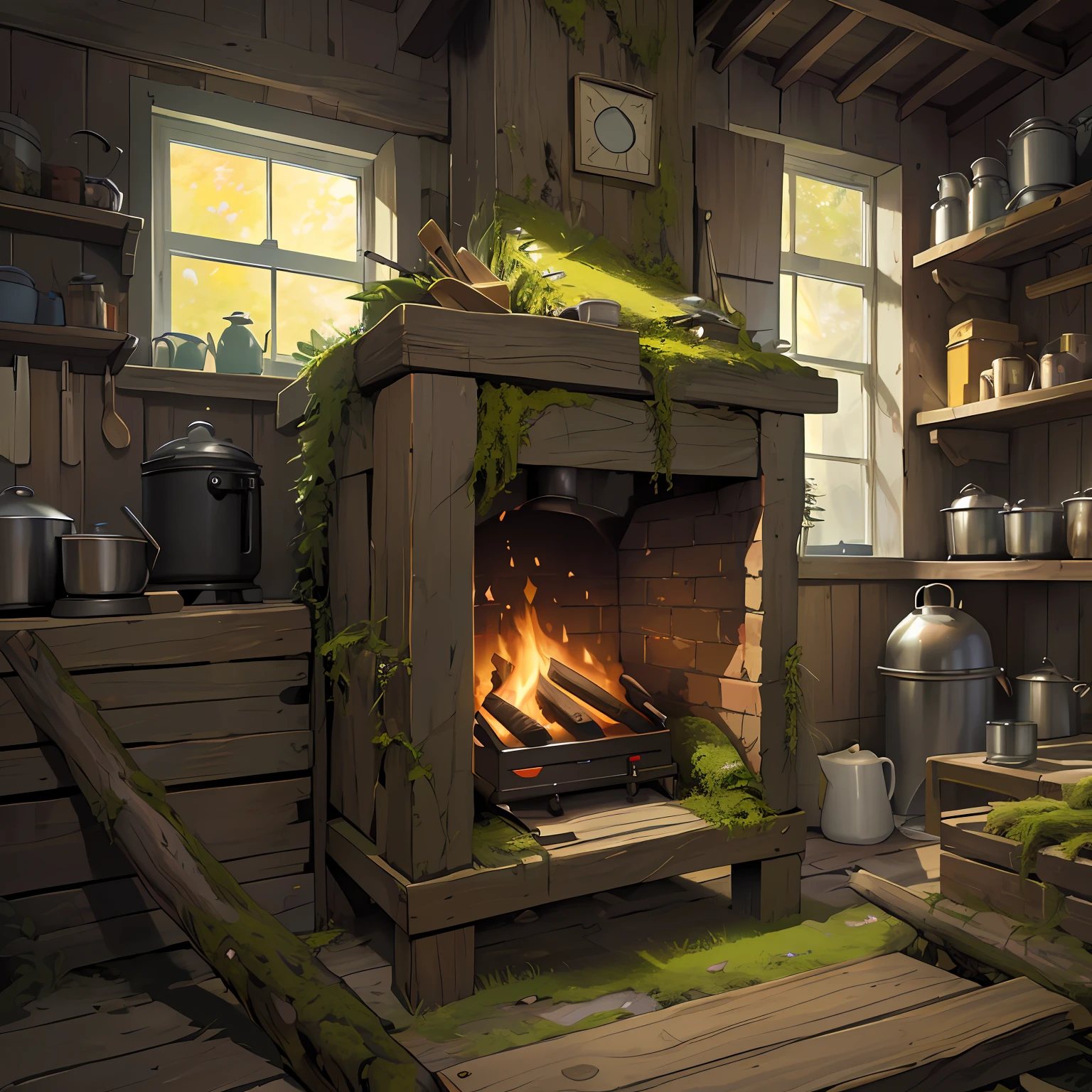 Best quality, masterpiece, super high resolution, surrealism, firewood, moss stacked in the corner of the kitchen