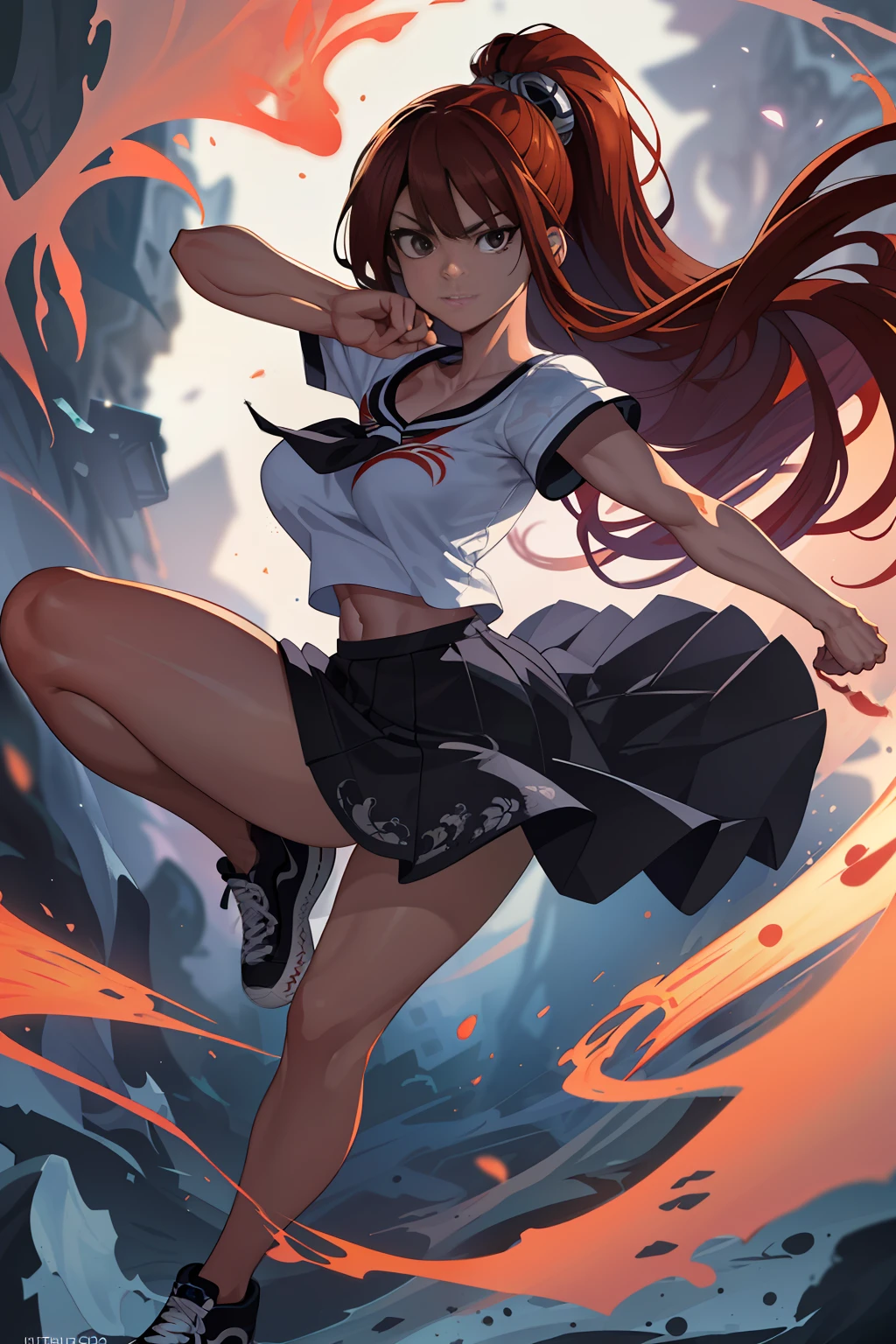 :: Joe Madureira Style:: Perfect and detailed beautiful woman and beautiful, perfect and detailed, ultra detailed anime style, clothes with tatoon drawings, in various full-body attack poses and with immersive effects, hover effect, graphite style background with vibrant colors "Ultra HDR" detailed and with focus effect,with All Star Converse Fixed Black Sneakers (masterpiece:  1.2, best quality), (finely detailed beautiful eyes: 1.2),extremely detailed, depth of field,shot with canon eos,lens 135mm f1.8,portrait of [x]( )),long, straight black hair,with a natural glow,(anime black eyes:1.4), (finely detailed eyes and detailed face:1.3),), (with ultra detailed black school skirt and fixed shape and color, white tatoom print t-shirt with fixed format Mandarin letters, ultra detailed:1.3), (beautiful and clear background:1.2), ultra-detailed, Best Shadow:1.1),("" character demonstrating his super power in the fist"")((depth of field and blur)), ((watercolor)), large breasts, bare shoulders, flowers and petals, bbela conceptual illustration , (white background:0.5), (illustration :1.1), (extremely thin and beautiful: 1.1), (perfect details: 1.1) graffiti style background, freedom, soul, digital illustration,  perfect anatomy, centered, approaching perfection, dynamic, highly detailed, watercolor painting, artstation, concept art, smooth, sharp focus, illustration,