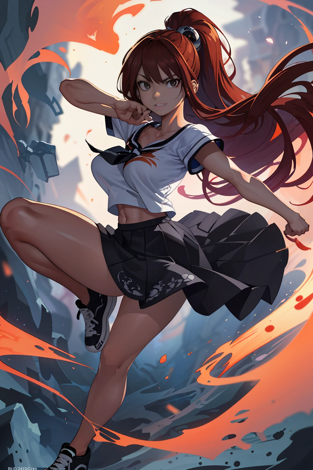 :: Joe Madureira Style:: Perfect and detailed beautiful woman and beautiful, perfect and detailed, ultra detailed anime style, clothes with tatoon drawings, in various full-body attack poses and with immersive effects, hover effect, graphite style background with vibrant colors "Ultra HDR" detailed and with focus effect,with All Star Converse Fixed Black Sneakers (masterpiece:  1.2, best quality), (finely detailed beautiful eyes: 1.2),extremely detailed, depth of field,shot with canon eos,lens 135mm f1.8,portrait of [x]( )),long, straight black hair,with a natural glow,(anime black eyes:1.4), (finely detailed eyes and detailed face:1.3),), (with ultra detailed black school skirt and fixed shape and color, white tatoom print t-shirt with fixed format Mandarin letters, ultra detailed:1.3), (beautiful and clear background:1.2), ultra-detailed, Best Shadow:1.1),("" character demonstrating his super power in the fist"")((depth of field and blur)), ((watercolor)), large breasts, bare shoulders, flowers and petals, bbela conceptual illustration , (white background:0.5), (illustration :1.1), (extremely thin and beautiful: 1.1), (perfect details: 1.1) graffiti style background, freedom, soul, digital illustration,  perfect anatomy, centered, approaching perfection, dynamic, highly detailed, watercolor painting, artstation, concept art, smooth, sharp focus, illustration,