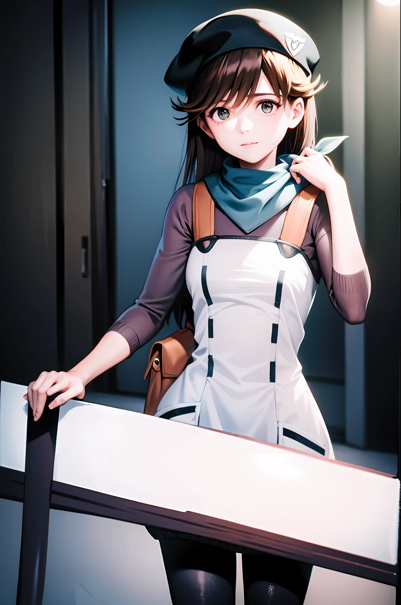 masterpiece, best quality, 1girl, solo,long hair,brown hair,brown eyes, hat,scarf, pantyhose,uniform, grey background,
