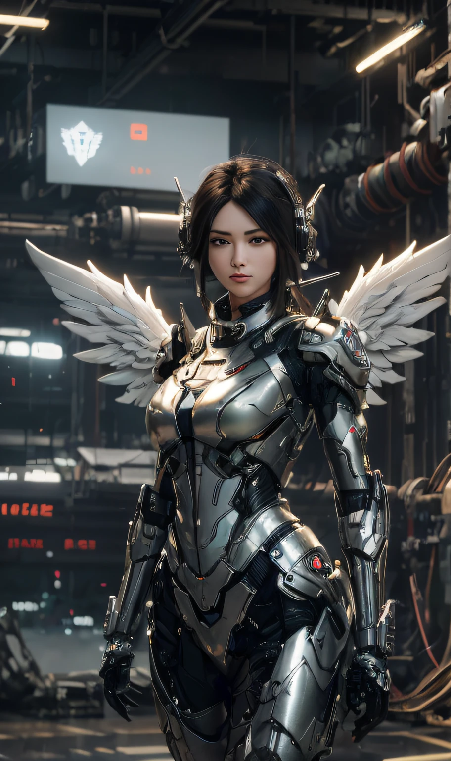 arafed woman in a futuristic suit standing in a warehouse, beautiful cyborg angel girl, mechanized valkyrie girl, unreal engine render + a goddess, girl in mecha cyber armor, angel in plastic armor, futuristic robot angel, angel knight girl, artgerm ; 3d unreal engine, 3 d render character art 8 k, cgsociety and fenghua zhong