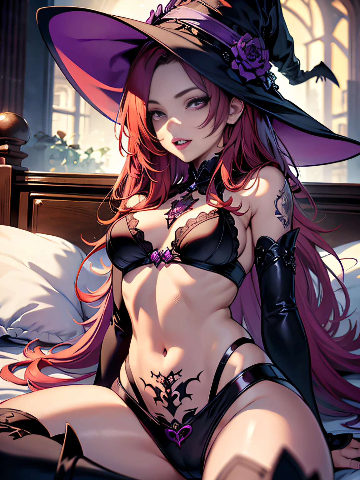 witch, witch hat, long red hair, tattooed arms, purple eyes, vampire teeth, lying on a bed, sensual position, short clothes, best quality, good anatomy, detailed face, 4k, masterpiece, detailed eyes