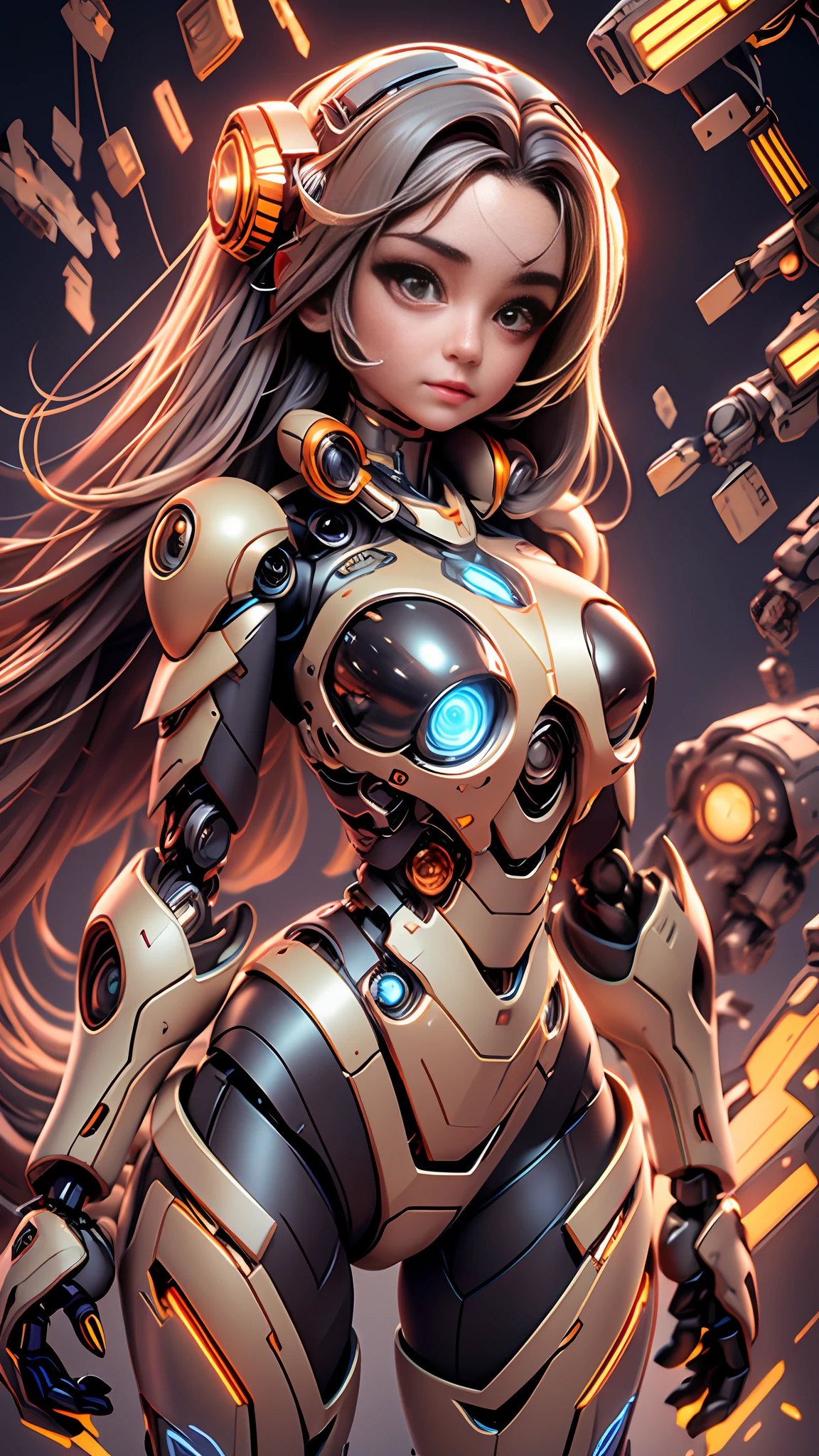 masterpiece, best quality,
1girl, solo, long hair, photorealistic, 
(finely detailed beautiful eyes: 1.2),open clothes, glowing eyes, shiny hair, lustrous skin,((1 life-like robot)), metal construction, wires and cables, (glowing eyes), (mechanical arms), science fiction,(large mecha arm),cowboy shot, energy tank,