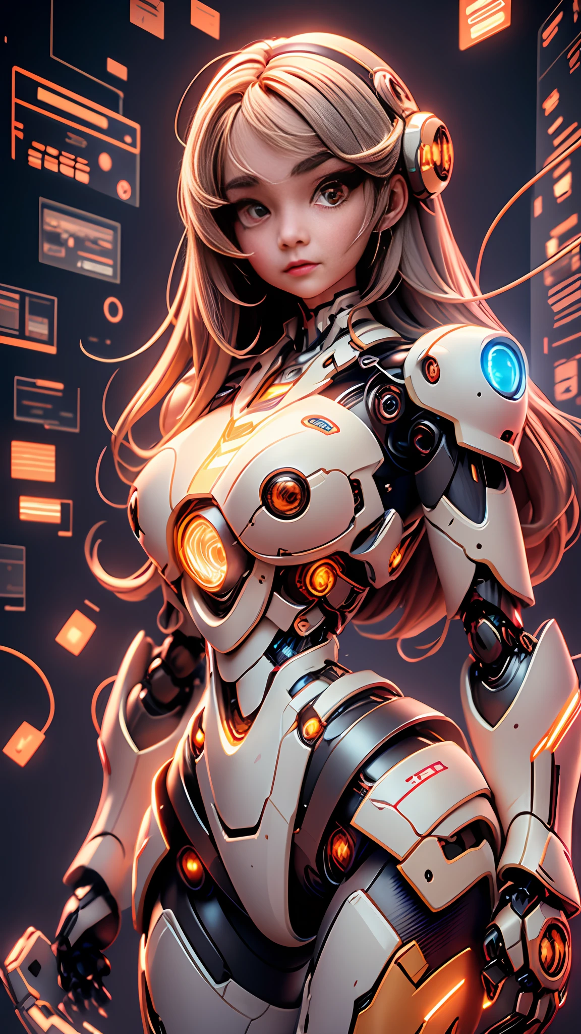 masterpiece, best quality,
1girl, solo, long hair, photorealistic, 
(finely detailed beautiful eyes: 1.2),open clothes, glowing eyes, shiny hair, lustrous skin,((1 life-like robot)), metal construction, wires and cables, (glowing eyes), (mechanical arms), science fiction,(large mecha arm),cowboy shot, energy tank,