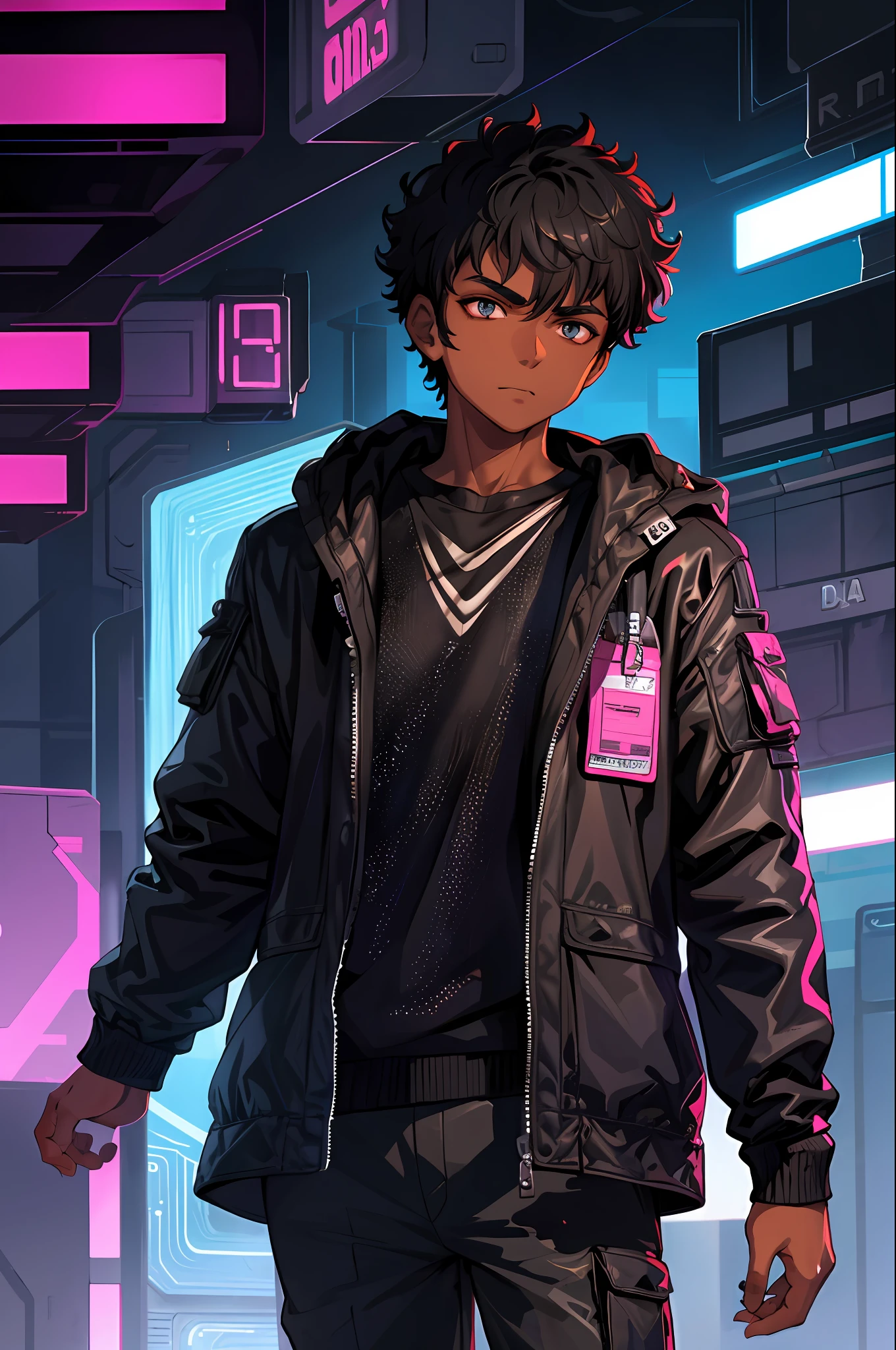 1boy, dark skin, short curly hair, shaved on the side, cyberpunk background, overall, imposing look