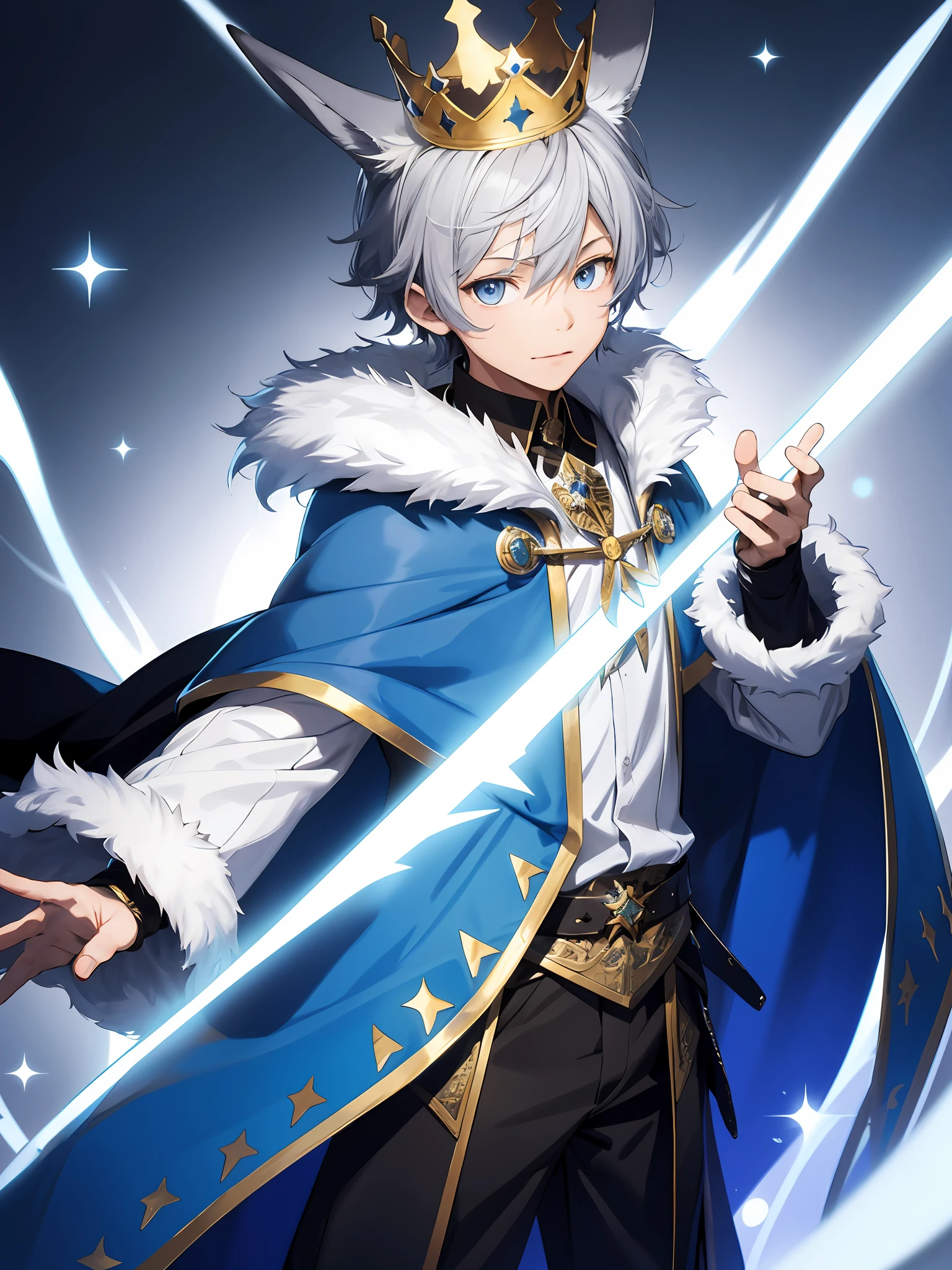 illustration style, cute boy, silver-haired, blue-eyed rabbit ears, fur, crown, cape, fantasy long pants, magic magic square solo