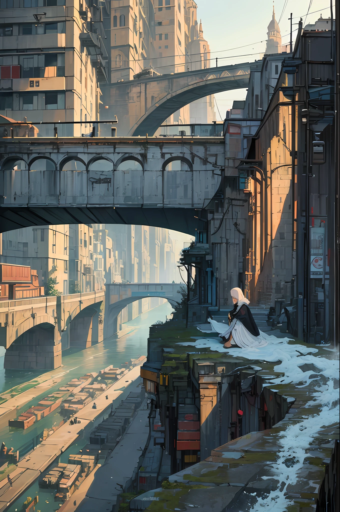 ((masterpiece)),((best quality)),((high detail)),((realistic,)) Industrial-age city, deep gorges in the middle, architectural streets, bazaars, bridges, rainy days, cyberpunk, European architecture