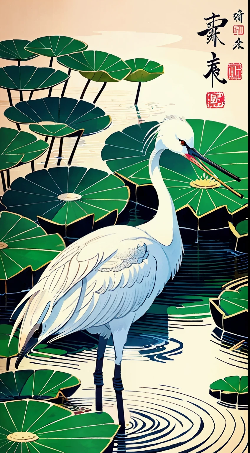Picture of white crane drinking water in lotus pond, hand drawn cartoon art style, Chinese brush illustration, art cover illustration, eye-catching detailed art style, poster illustration, G Liulian art style, highly detailed illustration.