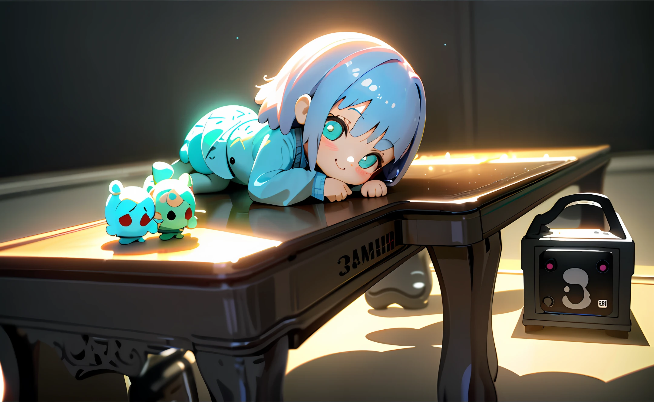 ((Best Quality)), ((Super Detail)), ((Masterpiece)), Full Body 3D Art of Super Cute Girl, 1 Girl, Cute Eyes, Big Eyes, Cute, Happy, C4D, Pop Matte Blind Box, Two Glowing Musical Notes, Guitar, Toys, Monochromatic Background, Chibi, Fluorescent Translucent, Glowing Body, Cute, Doll, T-Pose, Reference Sheet, Pop Mart Blind Box, Pixar, Intricate Detail, 3D Rendering, Blender, OC Renderer, Seat Reference Body, Dribbling, High Detail, 8K, Studio Lighting, Loli, Petite, Kids, Chibi, Character SD: 1.1, Resolution: 4K.
