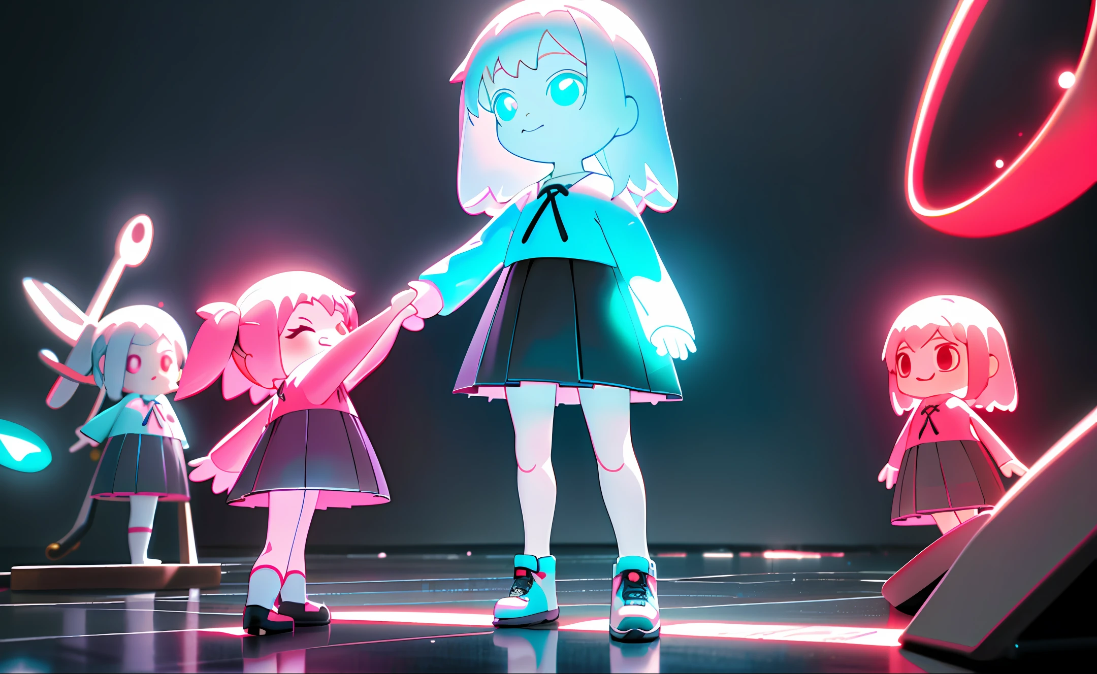 ((Best Quality)), ((Super Detail)), ((Masterpiece)), Full Body 3D Art of Super Cute Girl, 1 Girl, Cute Eyes, Big Eyes, Cute, Happy, C4D, Pop Matte Blind Box, Two Glowing Musical Notes, Guitar, Toys, Monochromatic Background, Chibi, Fluorescent Translucent, Glowing Body, Cute, Doll, T-Pose, Reference Sheet, Pop Mart Blind Box, Pixar, Intricate Detail, 3D Rendering, Blender, OC Renderer, Seat Reference Body, Dribbling, High Detail, 8K, Studio Lighting, , Petite, Kids, Chibi, Character SD: 1.1, Resolution: 4K.